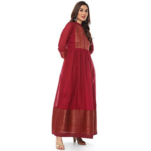 BIBA Women's Maroon Art Silk Flared Yarndyed Kurta