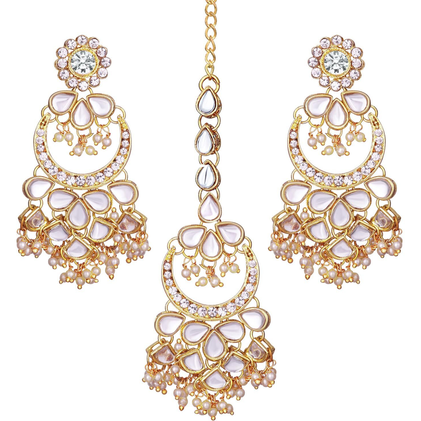 Peora Gold Plated Kundan Chandbali Dangle Earrings and Maang Tikka Set Traditional Jewellery for Girls & Women (White)