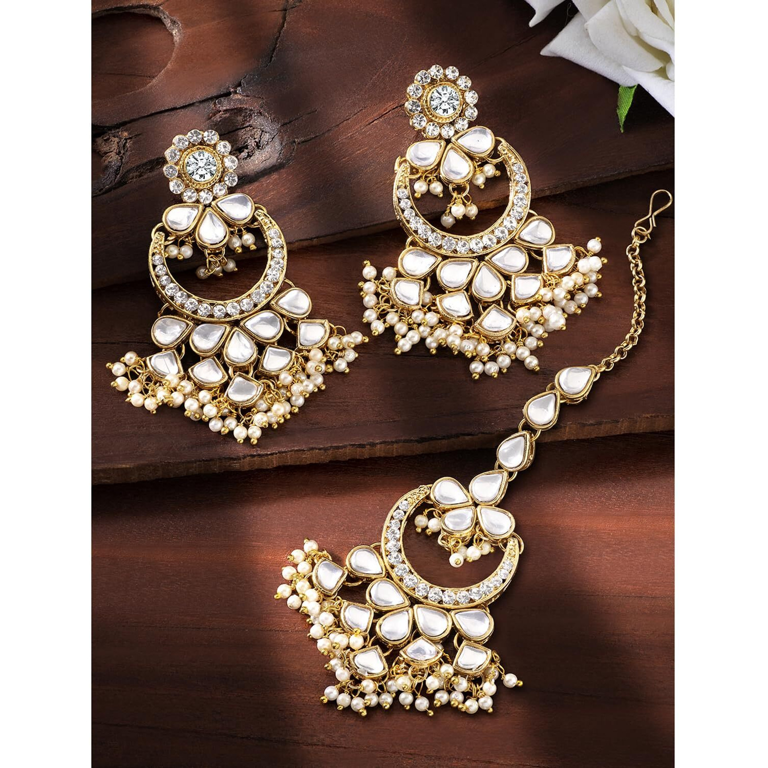 Peora Gold Plated Kundan Chandbali Dangle Earrings and Maang Tikka Set Traditional Jewellery for Girls & Women (White)