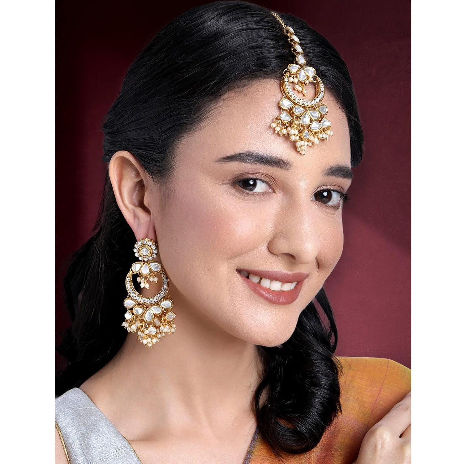 Peora Gold Plated Kundan Chandbali Dangle Earrings and Maang Tikka Set Traditional Jewellery for Girls & Women (White)