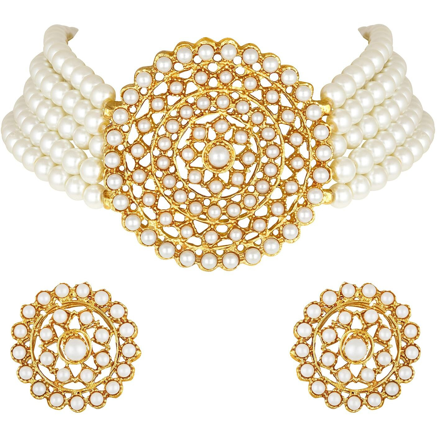 Peora Gold Plated Pearl Diamond Kundan Choker Necklace with Round Earrings Traditional Jewellery Set For Womens