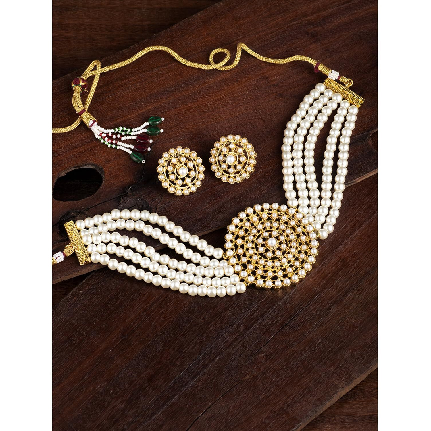 Peora Gold Plated Pearl Diamond Kundan Choker Necklace with Round Earrings Traditional Jewellery Set For Womens