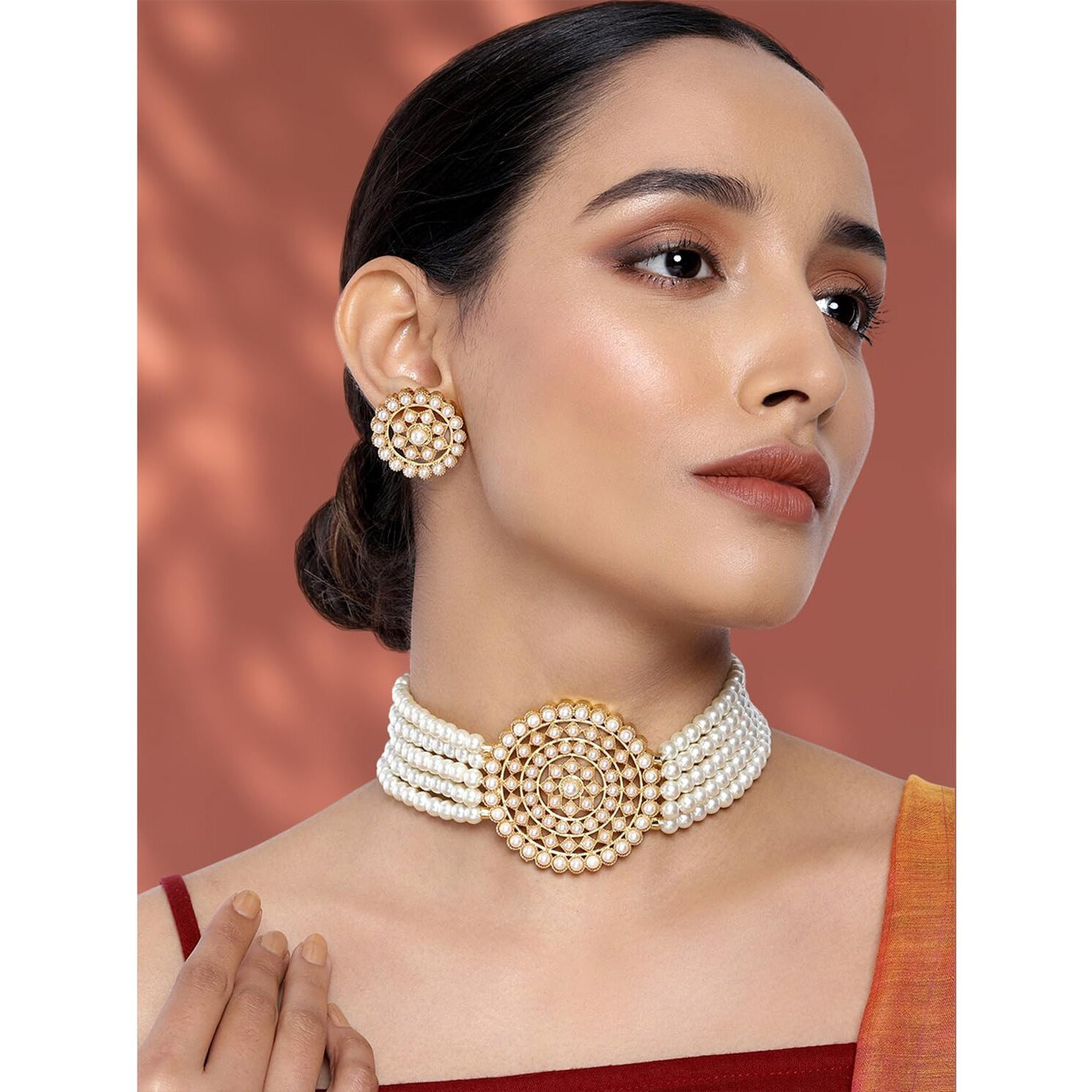 Peora Gold Plated Pearl Diamond Kundan Choker Necklace with Round Earrings Traditional Jewellery Set For Womens