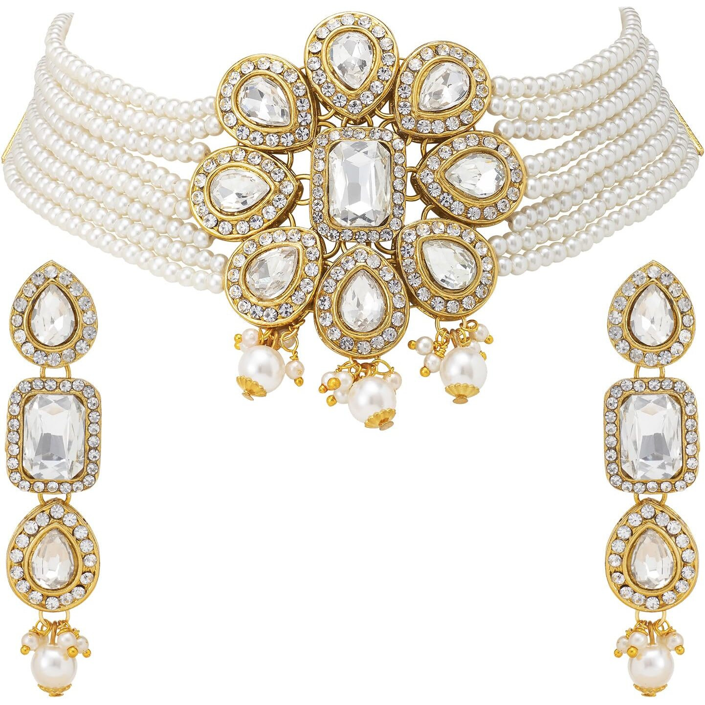 Peora Crystal White Pearl Beaded Choker Necklace With Earring Jewellery Set For Women