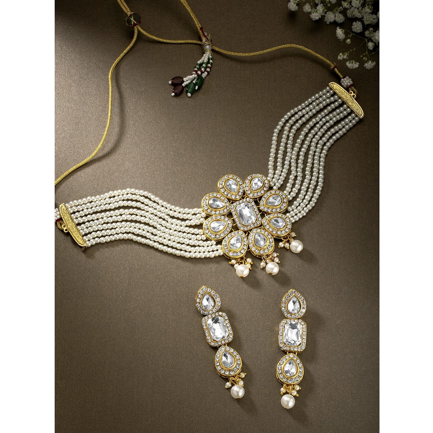 Peora Crystal White Pearl Beaded Choker Necklace With Earring Jewellery Set For Women