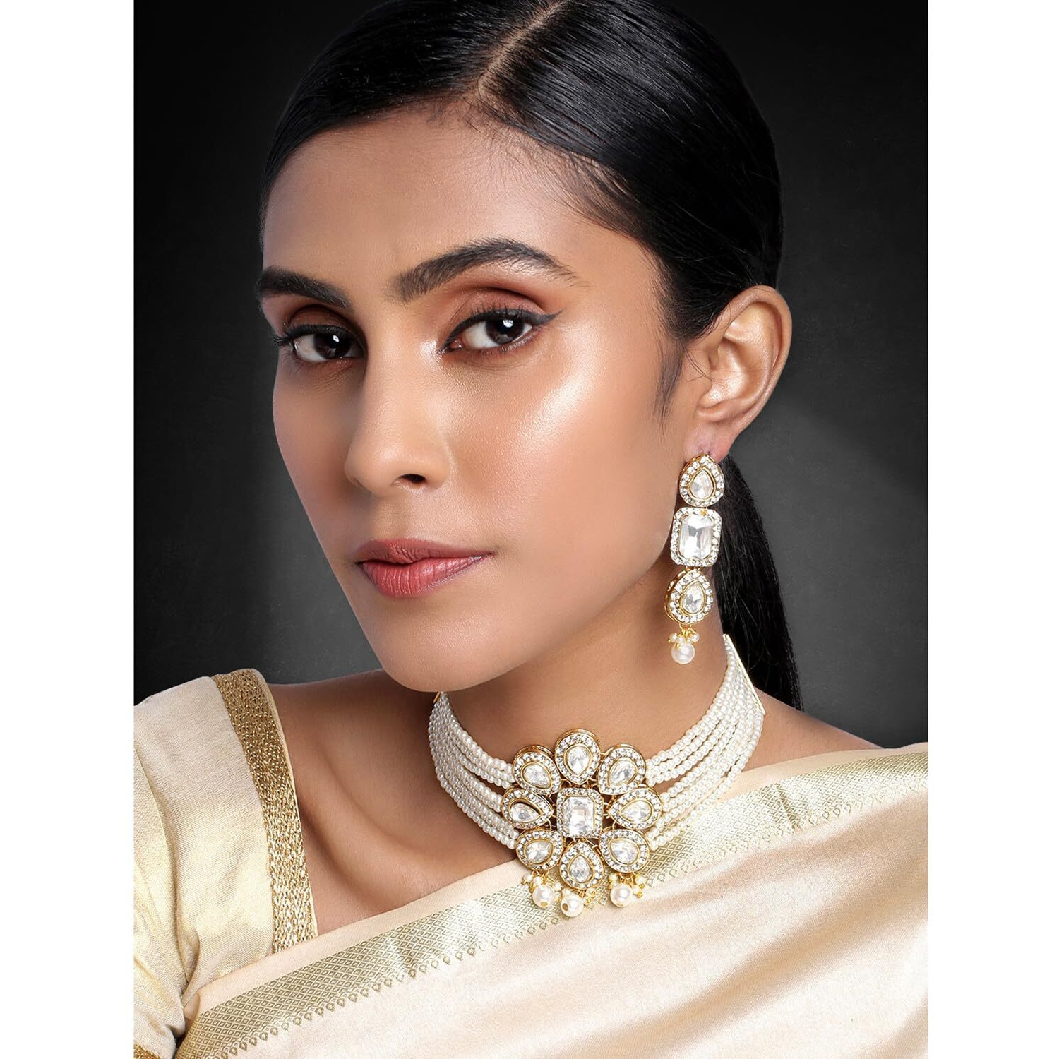 Peora Crystal White Pearl Beaded Choker Necklace With Earring Jewellery Set For Women