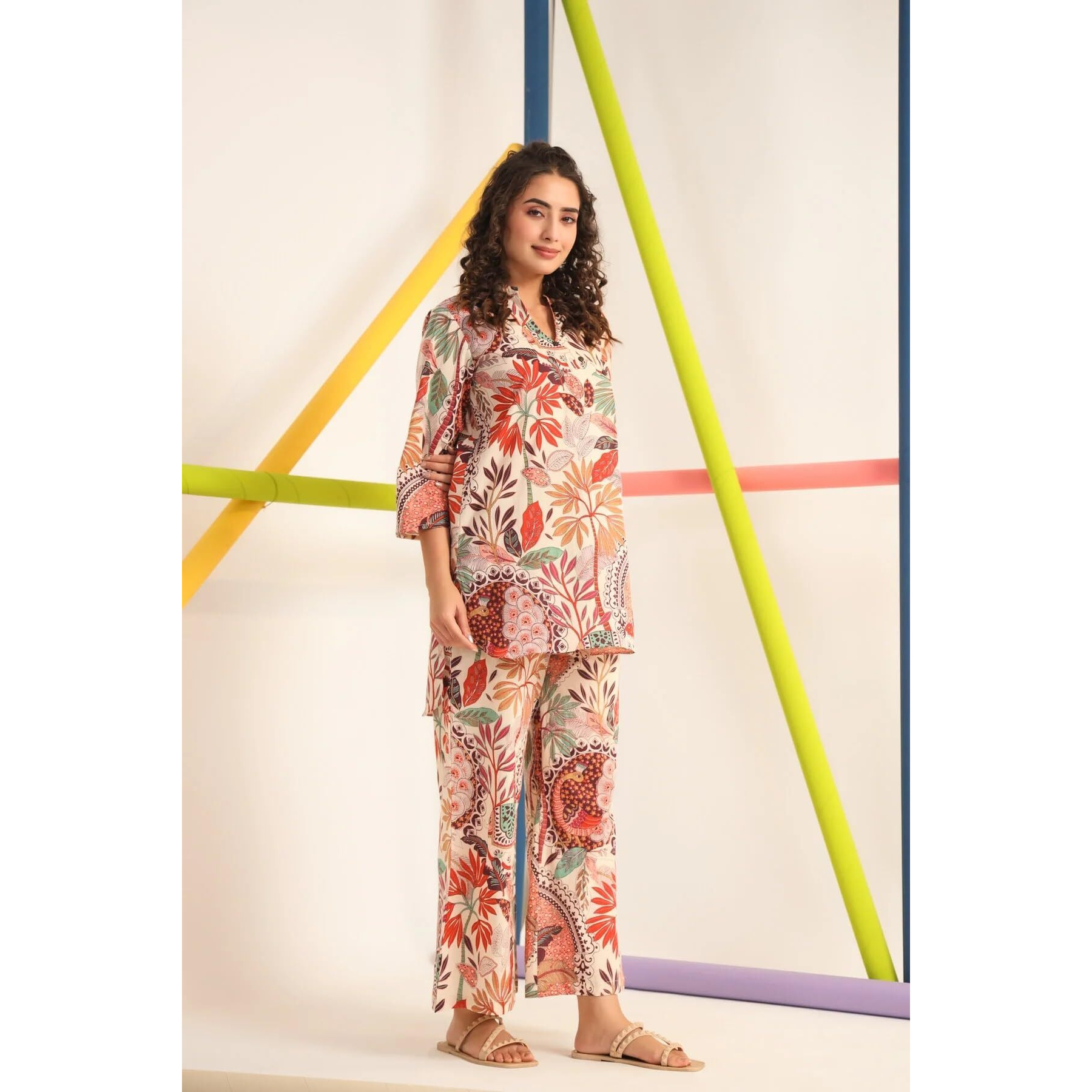 Leriya Fashion Women Ethnic Kurta Set | Rayon Co-Ord Set | Fancy Pajama Set | Pack Of 2 | Floral Printed Top & Pant Set | Full Pair Set | A-line Kurta Set For Women | (Small, Multicolor)
