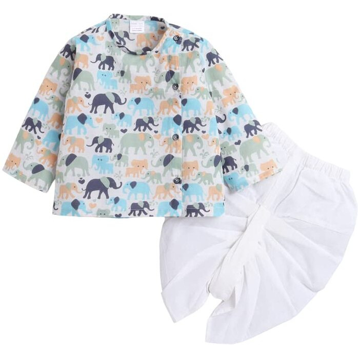 POLKA TOTS Boys Cotton Angrakha Kurta Dhoti Pant Set | Elephant Design Traditional Ethnic wear for Kids, Multicolor (18-24 Months)
