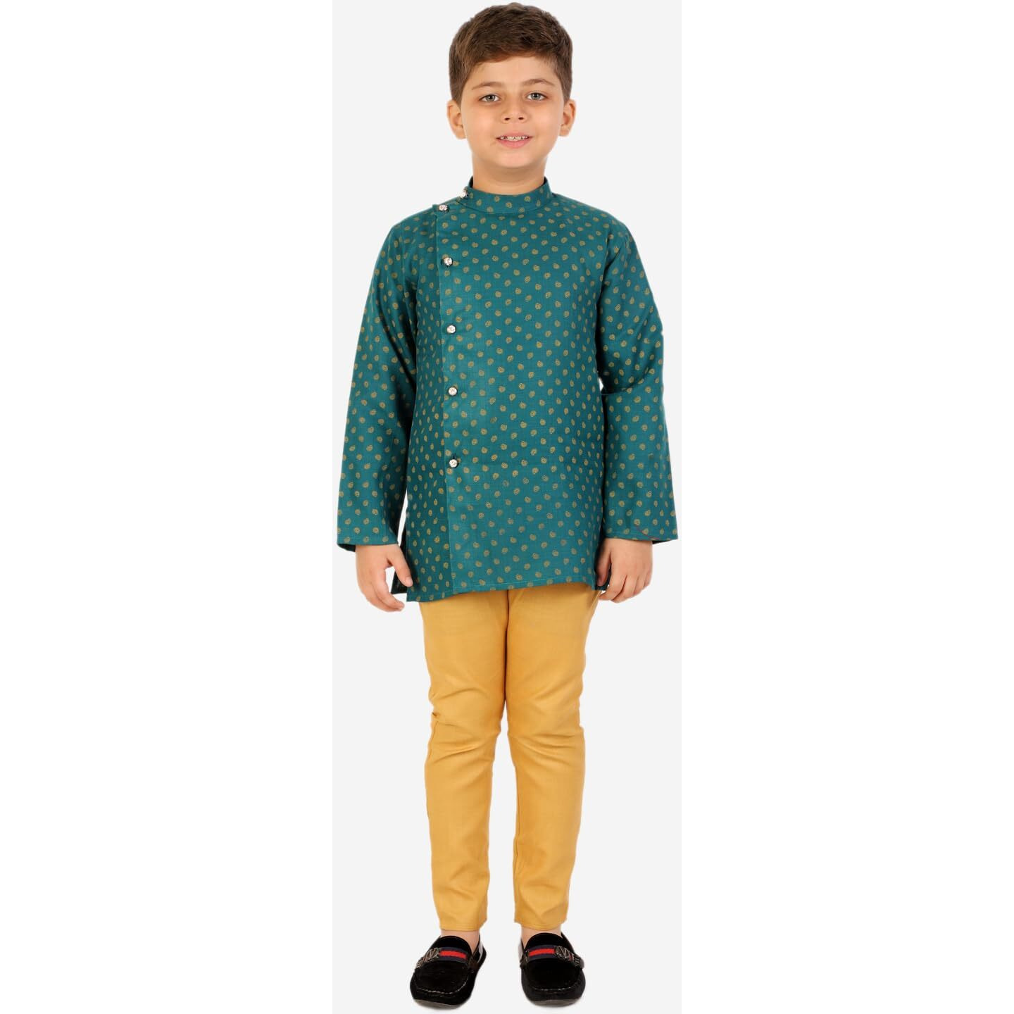 superminis Boys Fancy Colorful Cotton Ethnic Wear Side Button Printed Kurta With Colored Pyjama (Green, 2-3 Years, Kurta Set)
