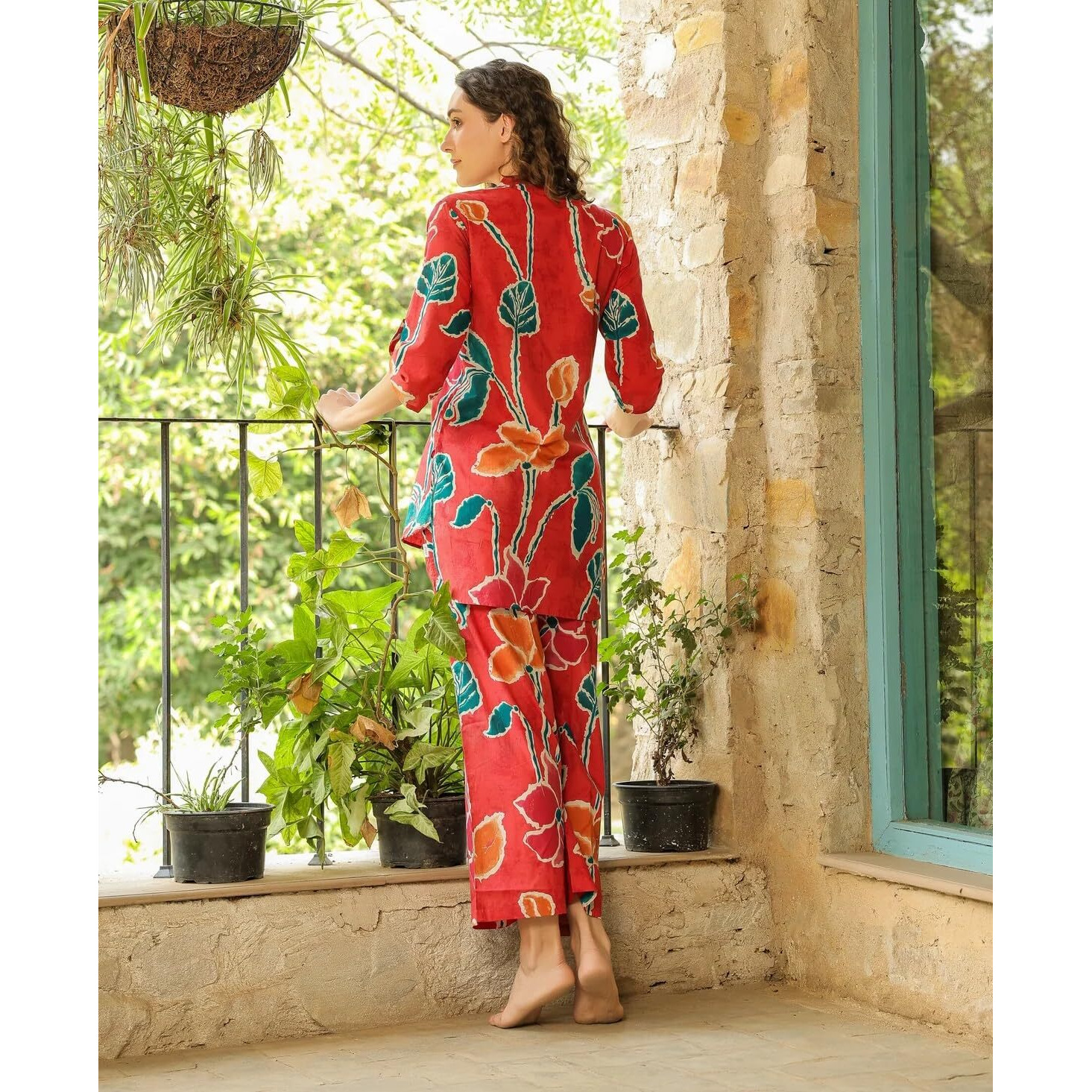 Leriya Fashion Women Ethnic Kurta Set | Rayon Co-Ord Set | Fancy Pajama Set | Pack Of 2 | Floral Printed Top & Pant Set | Full Pair Set | A-line Kurta Set For Women | (Small, Red)