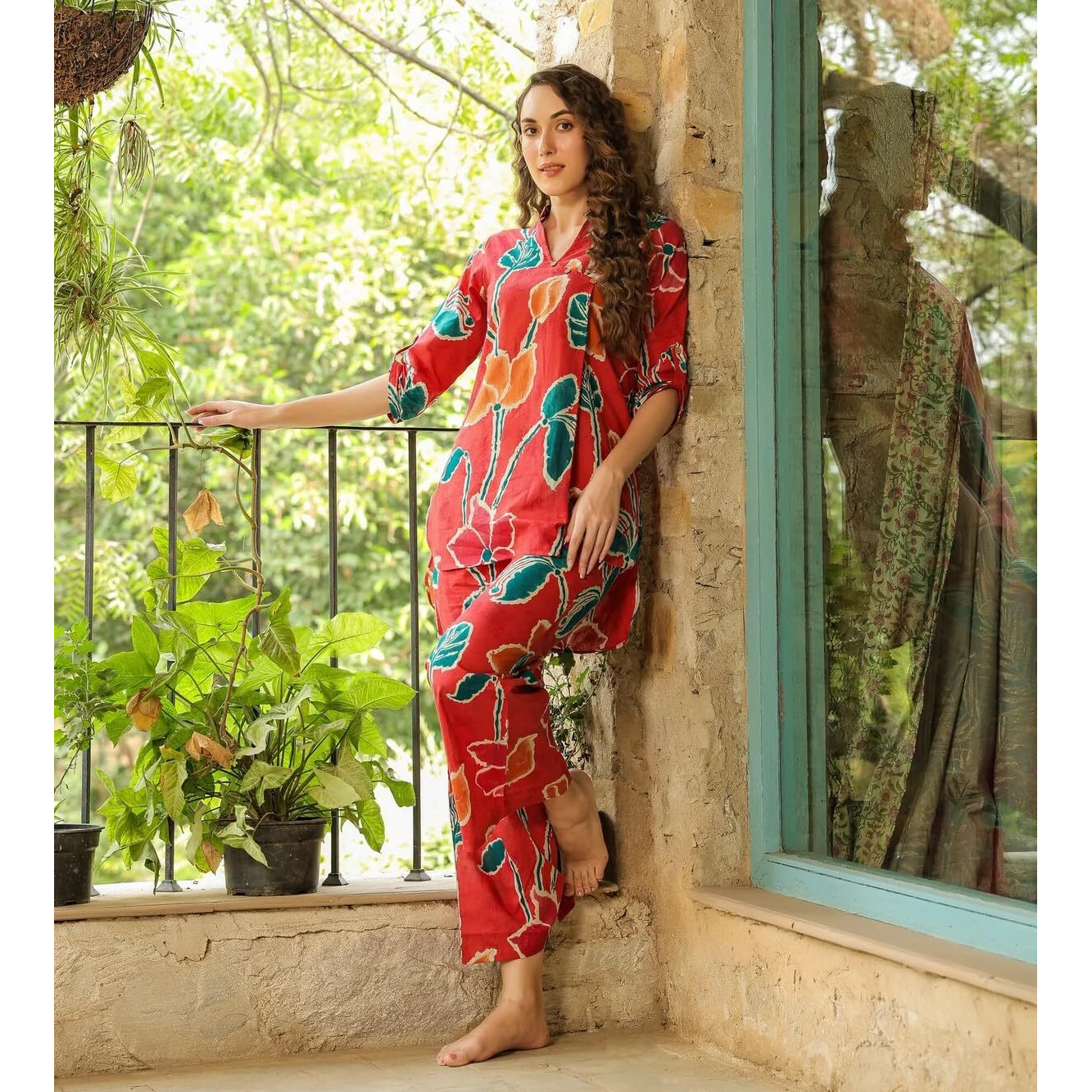Leriya Fashion Women Ethnic Kurta Set | Rayon Co-Ord Set | Fancy Pajama Set | Pack Of 2 | Floral Printed Top & Pant Set | Full Pair Set | A-line Kurta Set For Women | (Small, Red)
