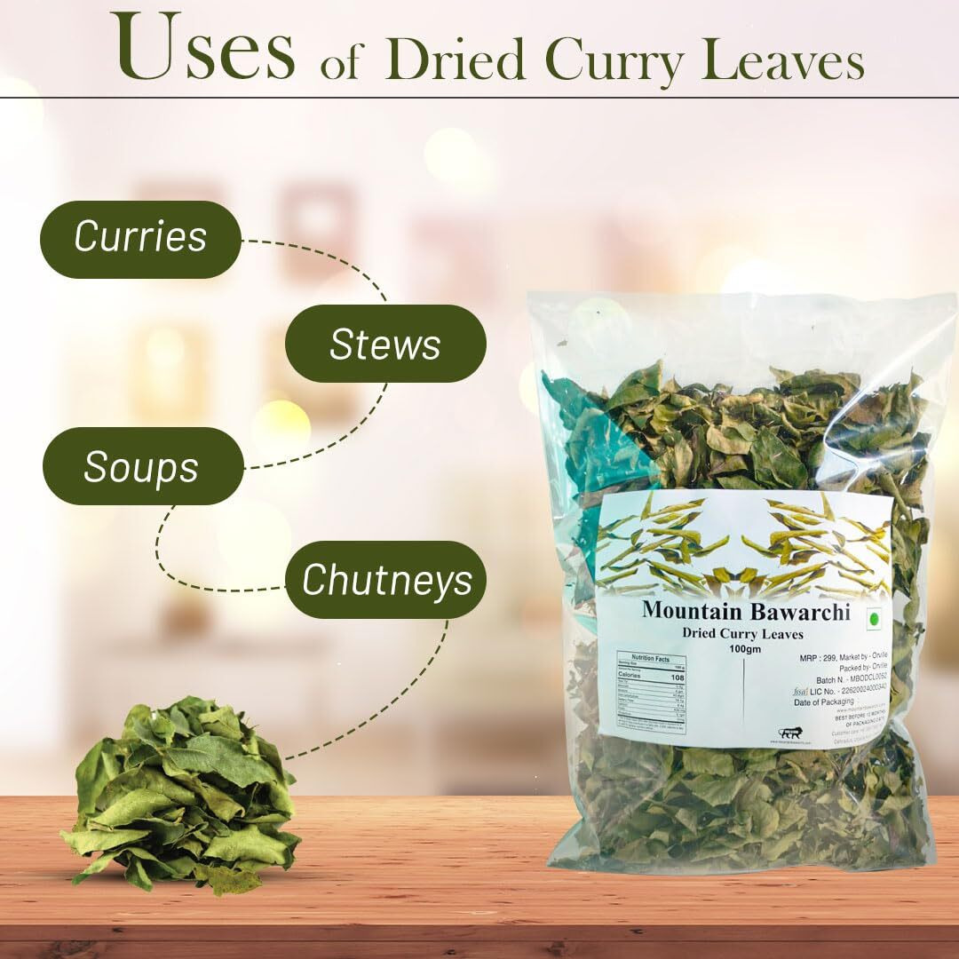 Mountain Bawarchi Curry Leaves | Dried Curry Leaves | Kadi Patta Leaves | 100g
