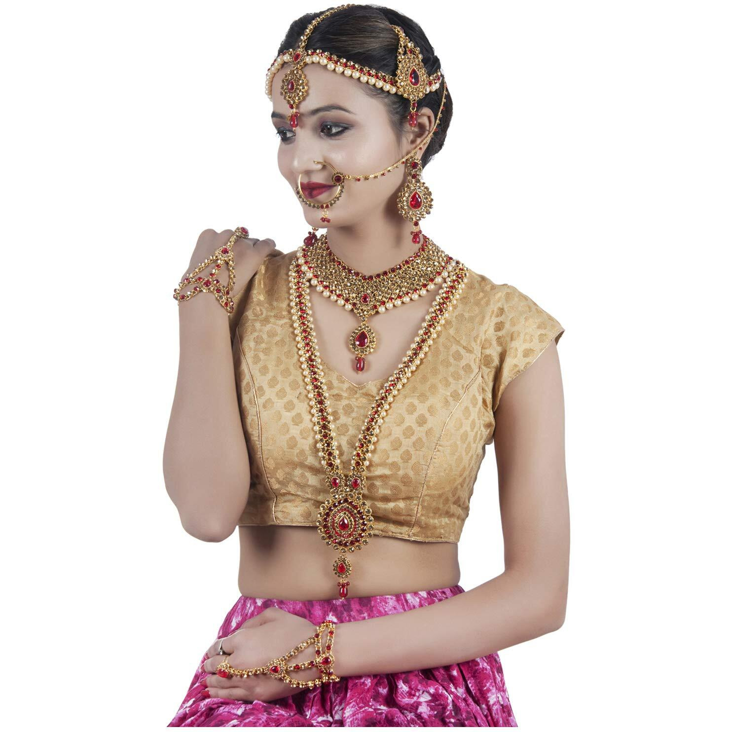 Lucky Jewellery Bridal Dulhan Designer 18k Gold Plated Gold Red Color Pearl Stone Set 9 pcs. for Women & Girls (3630-IZS-1611-LCT-RED)