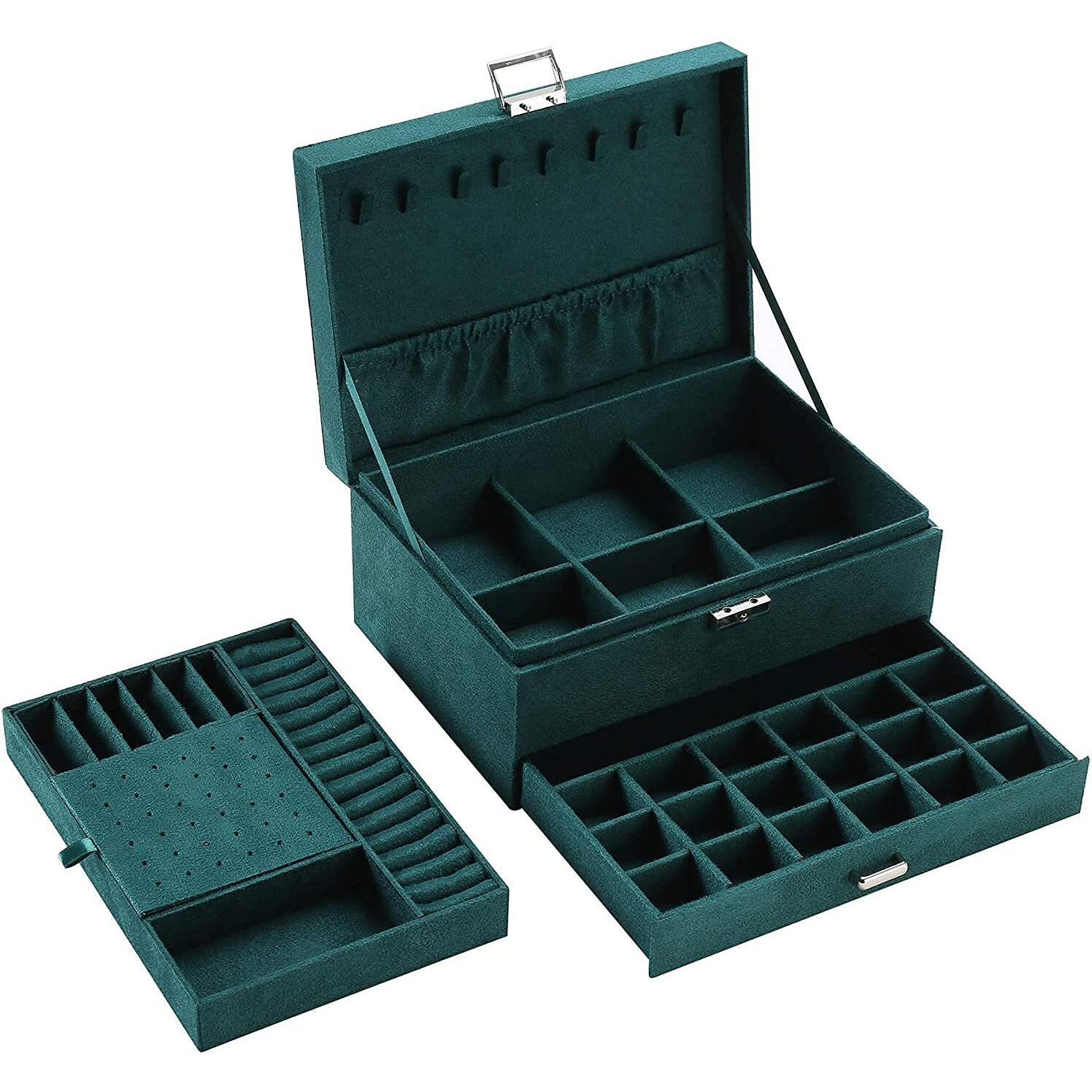 LEXSO WomenS Velvet Layer 3 Lockable Portable Travel Jewelry Box Jewellery Box Organisers 3 Layer For Storing Earrings,Rings,Bracelets&Necklaces Jewellery Boxes&Organisers Jewelry Storage (Green)