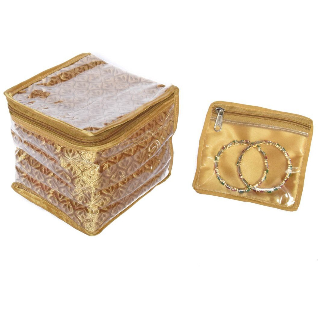 Sunshine Satin Brocade Fabric Jewellery Cosmetic Organizer with 12 Bangle Multipurpose Pouch - GOLD