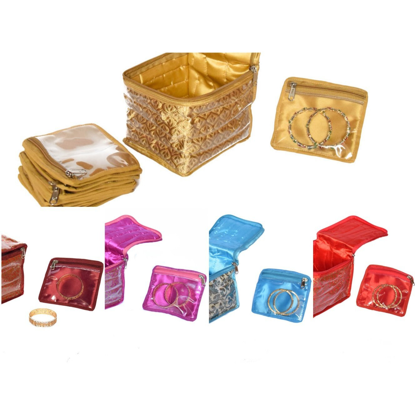 Sunshine Satin Brocade Fabric Jewellery Cosmetic Organizer with 12 Bangle Multipurpose Pouch - GOLD