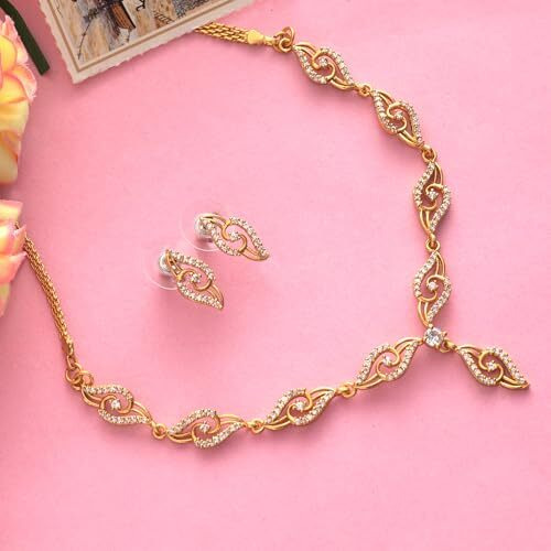 Estele 24 Kt American Diamond Gold Plated Necklace Set with Earrings for Women
