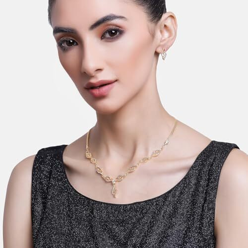 Estele 24 Kt American Diamond Gold Plated Necklace Set with Earrings for Women