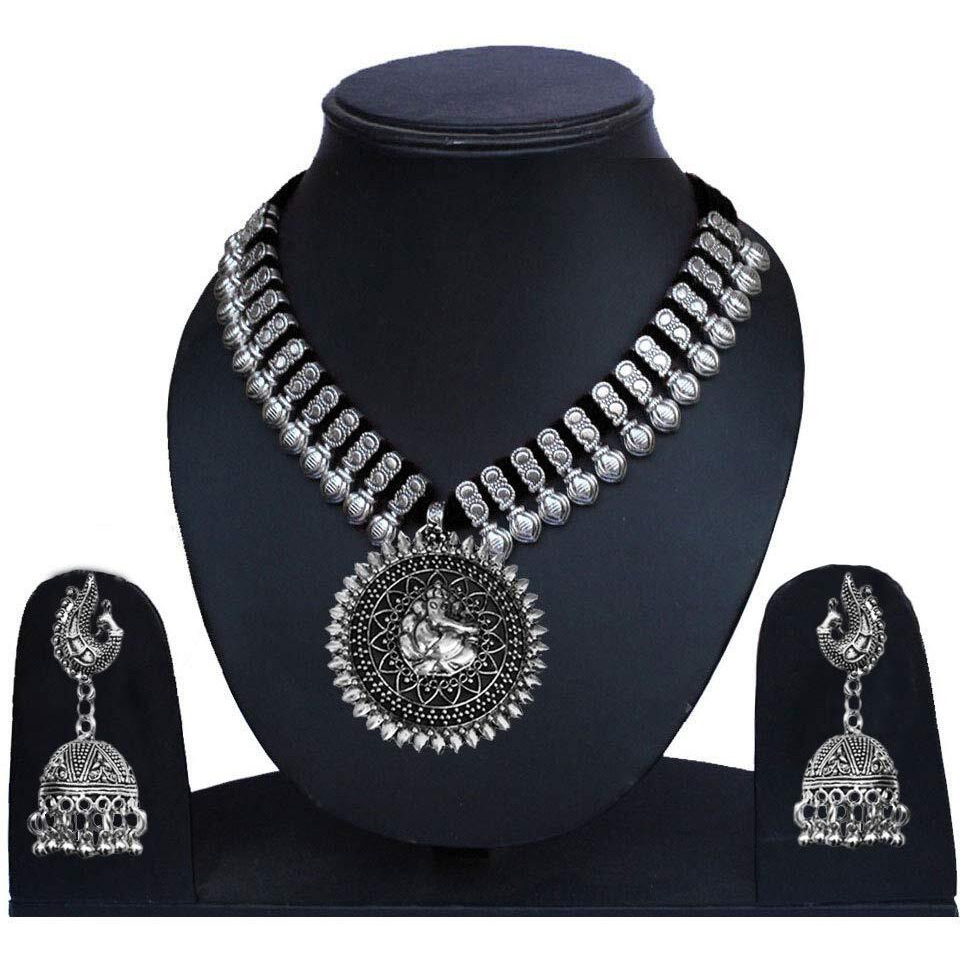 Yellow Chimes Jewellery Set for Women & Girls Traditional Silver Oxidised Jewellery Set Silver Necklace Set for Women | Dori Thread Antique Ganesha Ji Oxidized Necklace Set | Birthday Gift For Girls and Women Anniversary Gift for Wife