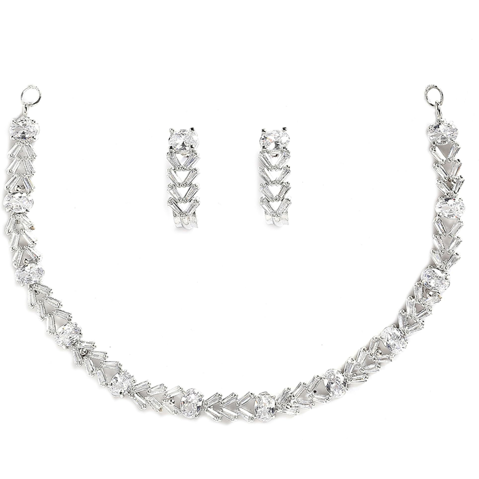 ZENEME Rhodium Plated Silver Toned White American Diamond Studded Necklace With Earring Jewellery Set For Woment and Girl (White Design 1)