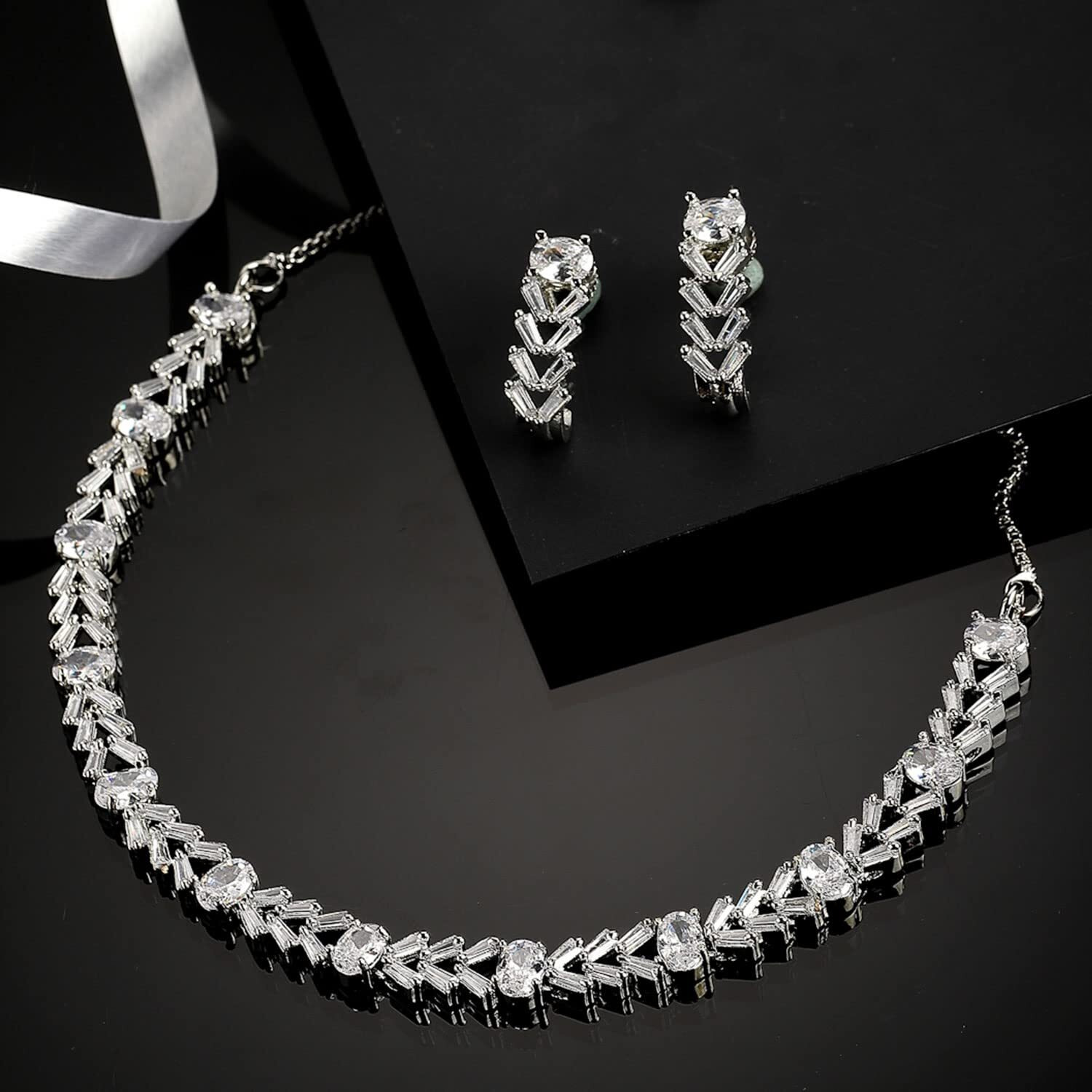 ZENEME Rhodium Plated Silver Toned White American Diamond Studded Necklace With Earring Jewellery Set For Woment and Girl (White Design 1)