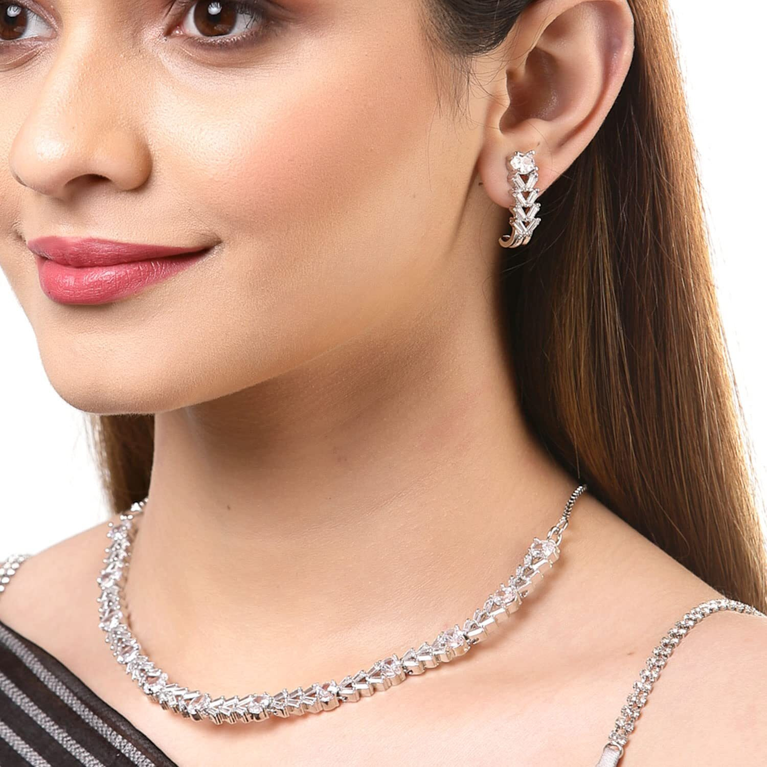 ZENEME Rhodium Plated Silver Toned White American Diamond Studded Necklace With Earring Jewellery Set For Woment and Girl (White Design 1)