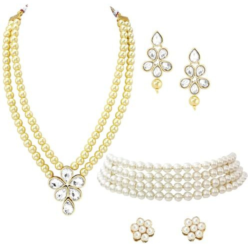 Peora Gold Plated Crystal Pearl Long Necklace with Drop Earrings Traditional Ethnic Jewellery Set for Women Girls | Cream & White