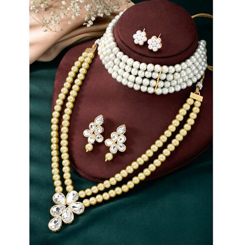 Peora Gold Plated Crystal Pearl Long Necklace with Drop Earrings Traditional Ethnic Jewellery Set for Women Girls | Cream & White