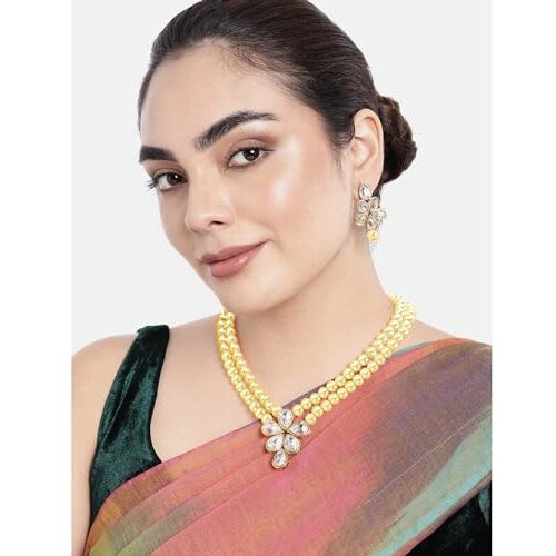 Peora Gold Plated Crystal Pearl Long Necklace with Drop Earrings Traditional Ethnic Jewellery Set for Women Girls | Cream & White