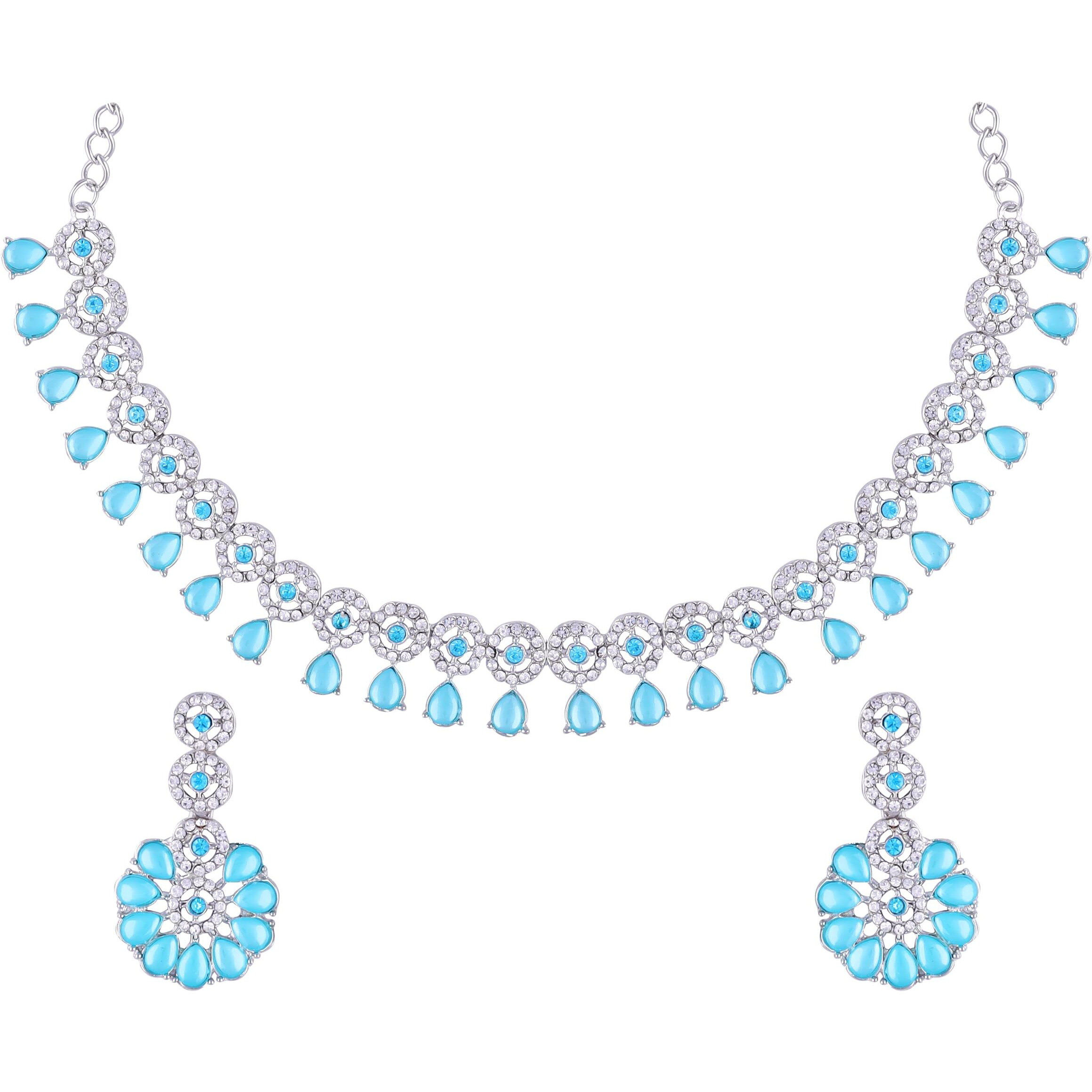 Atasi International Silver Mint Blue Kundan and American Diamond Necklace Jewellery Set with Earrings for Women (RMB5555)
