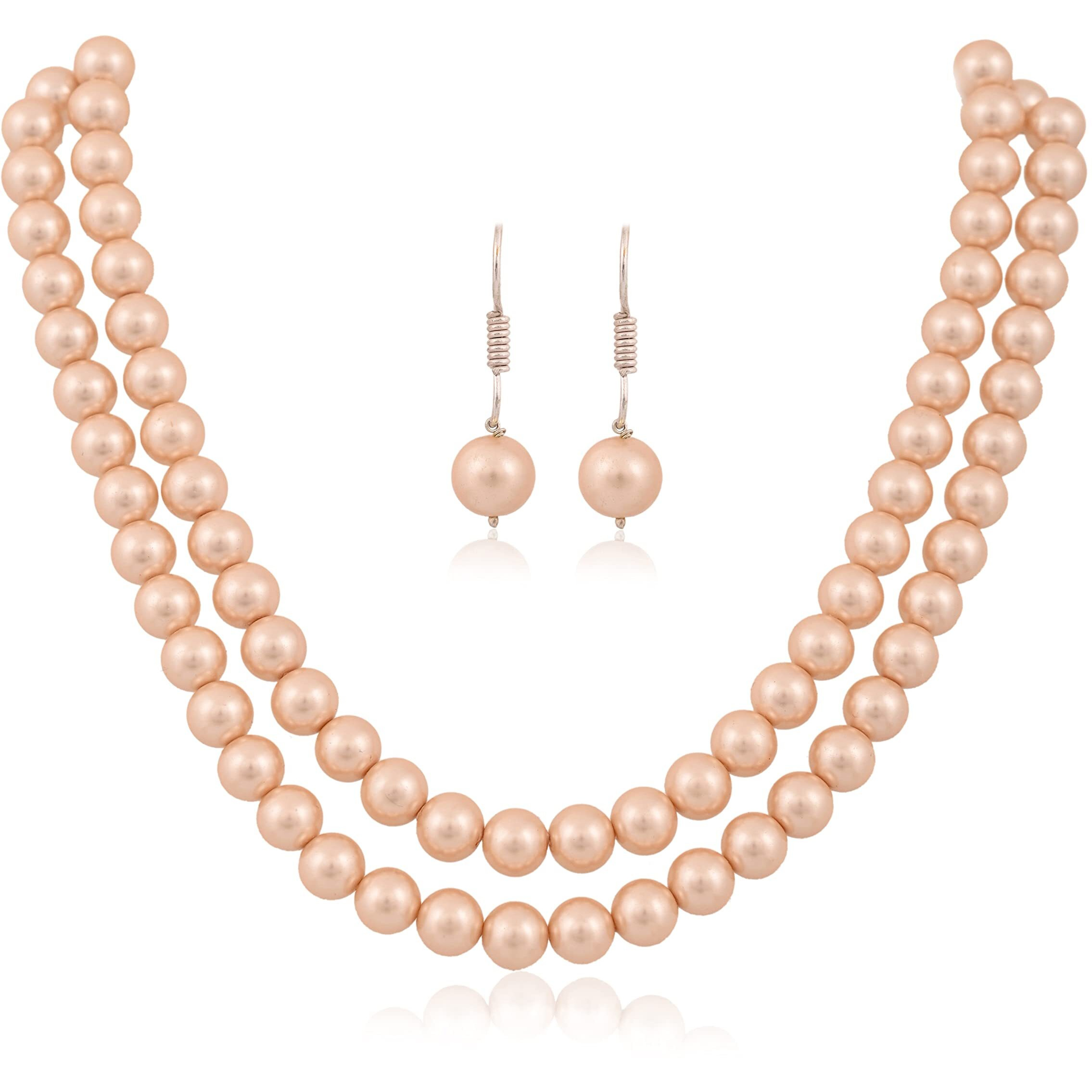 Ratnavali Jewels Imitation Pearl 10Mm Bead Size Double Strand Necklace Pearl Moti Mala Jewellery Set With Earrings For Womens Girls