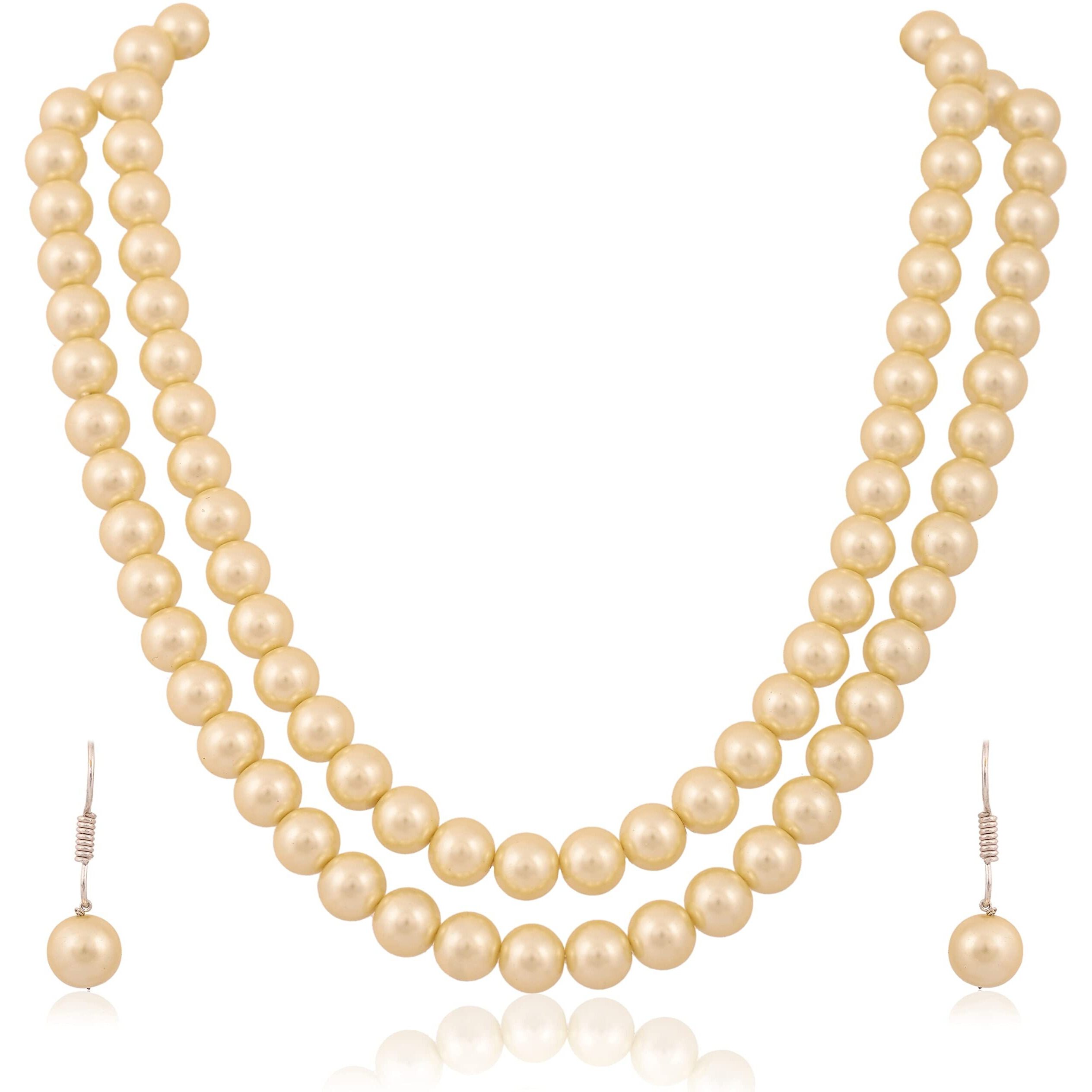 Ratnavali Jewels Imitation Pearl 10MM Bead Size Double Strand Necklace Pearl Moti Mala Jewellery Set with Earrings for Women Girls
