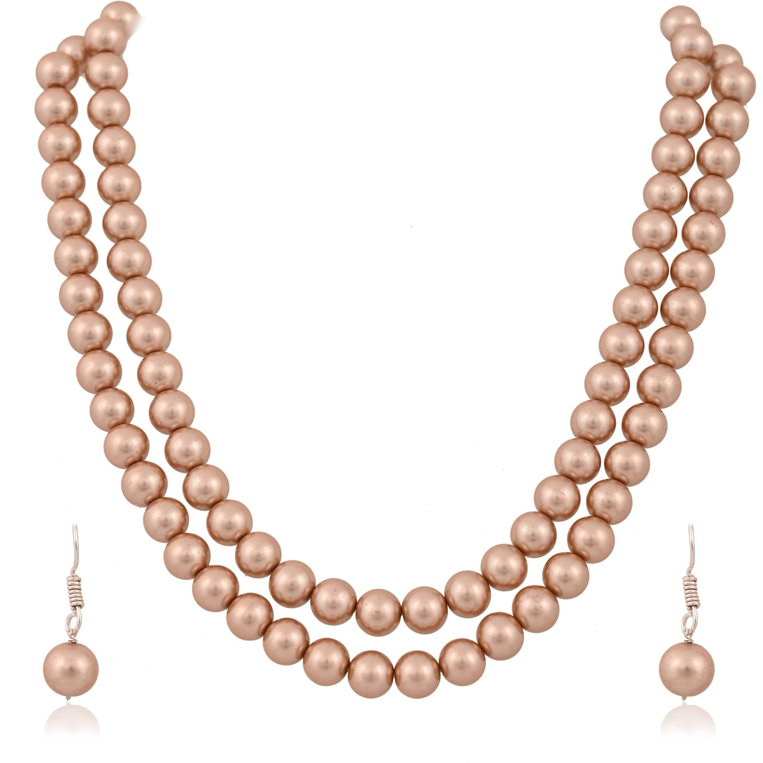 Ratnavali Jewels Imitation Pearl 10MM Bead Size Double Strand Necklace Pearl Moti Mala Jewellery Set with Earrings for Women Girls
