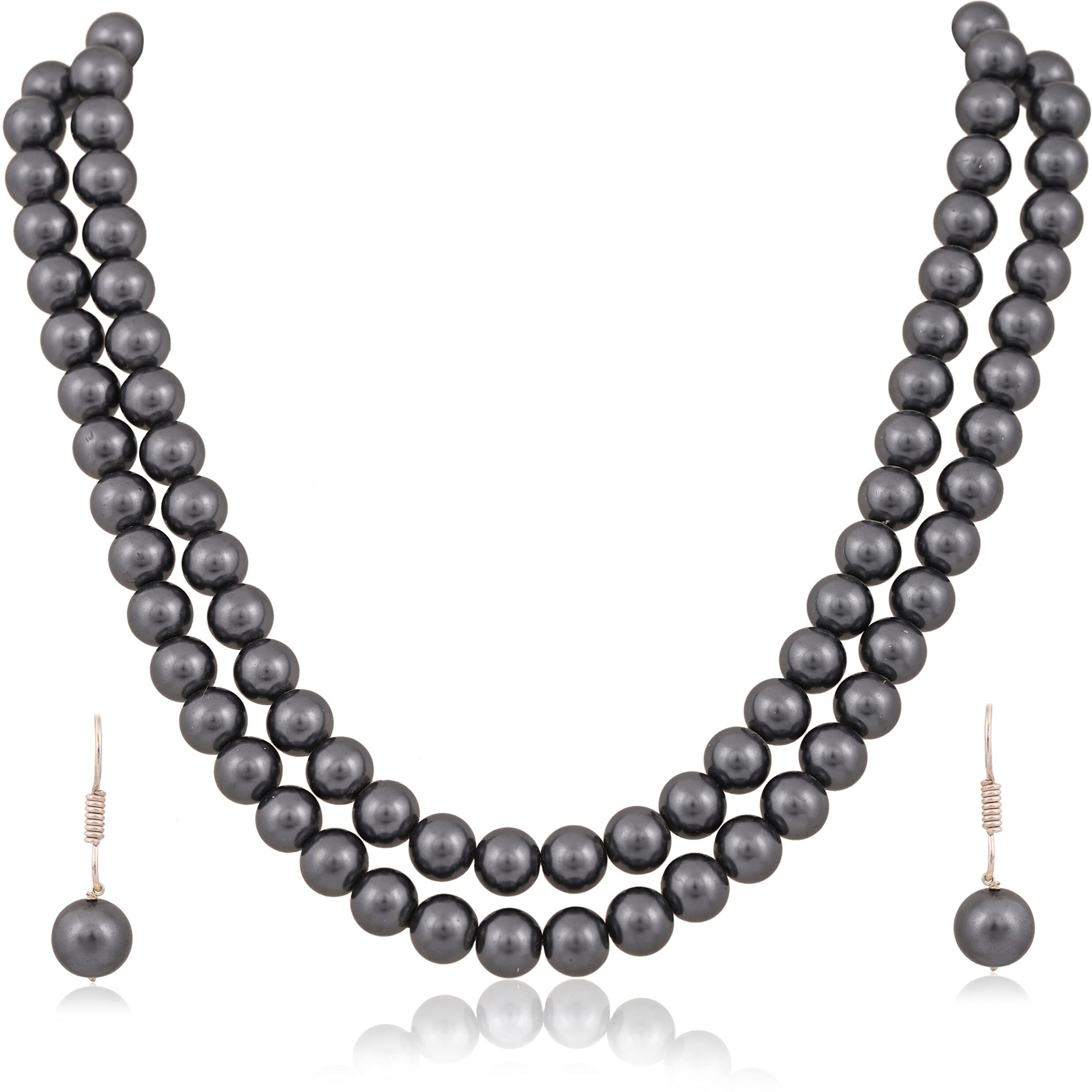 Ratnavali Jewels Imitation Pearl 10MM Bead Size Double Strand Necklace Pearl Moti Mala Jewellery Set with Earrings for Women Girls
