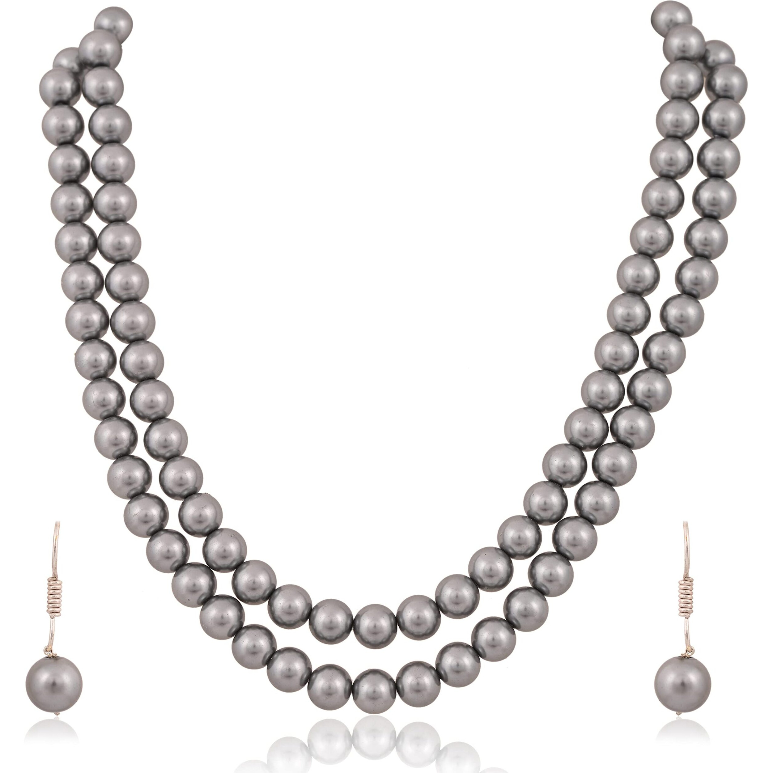 Ratnavali Jewels Imitation Pearl 10MM Bead Size Double Strand Necklace Pearl Moti Mala Jewellery Set with Earrings for Women Girls