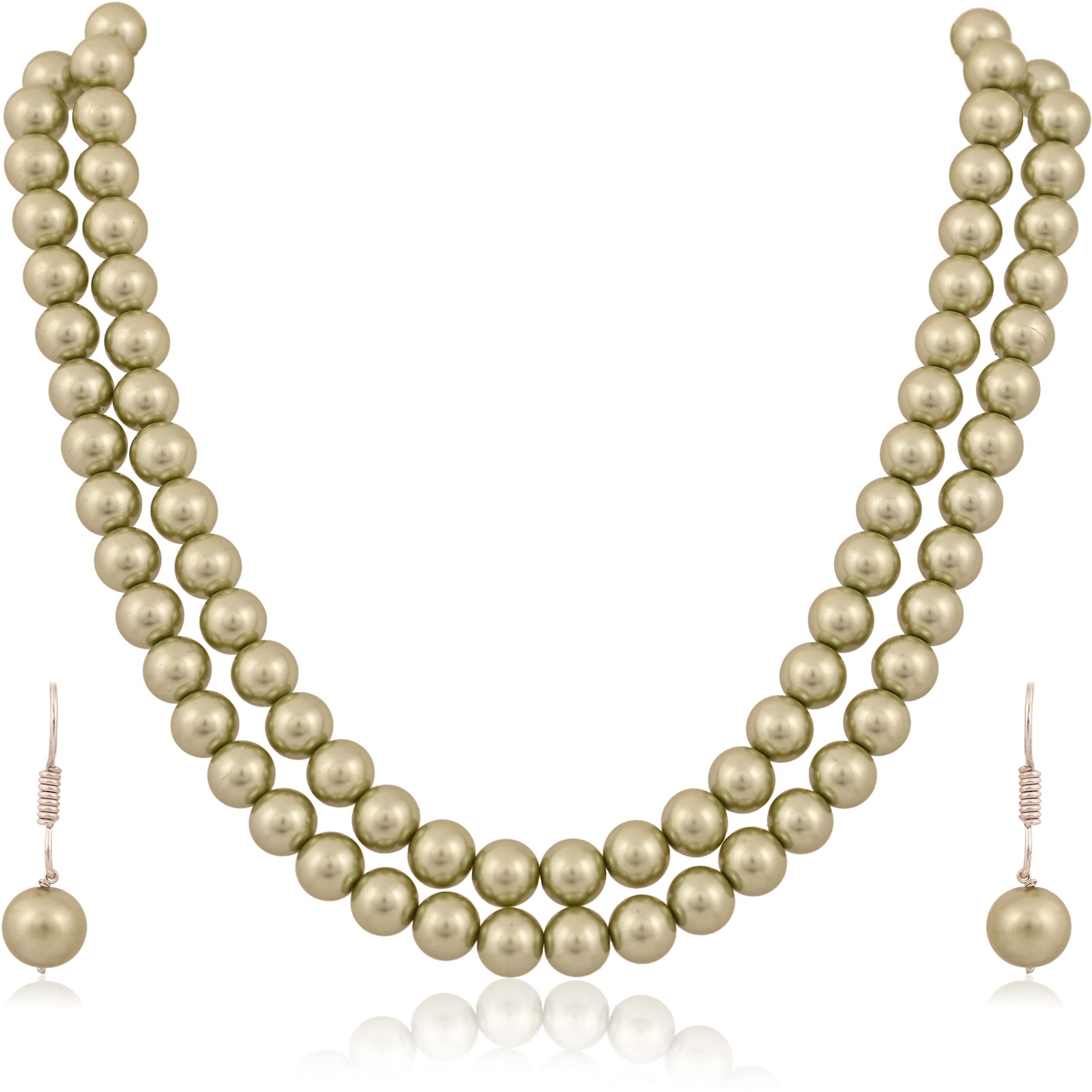 Ratnavali Jewels Imitation Pearl 10MM Bead Size Double Strand Necklace Pearl Moti Mala Jewellery Set with Earrings for Women Girls