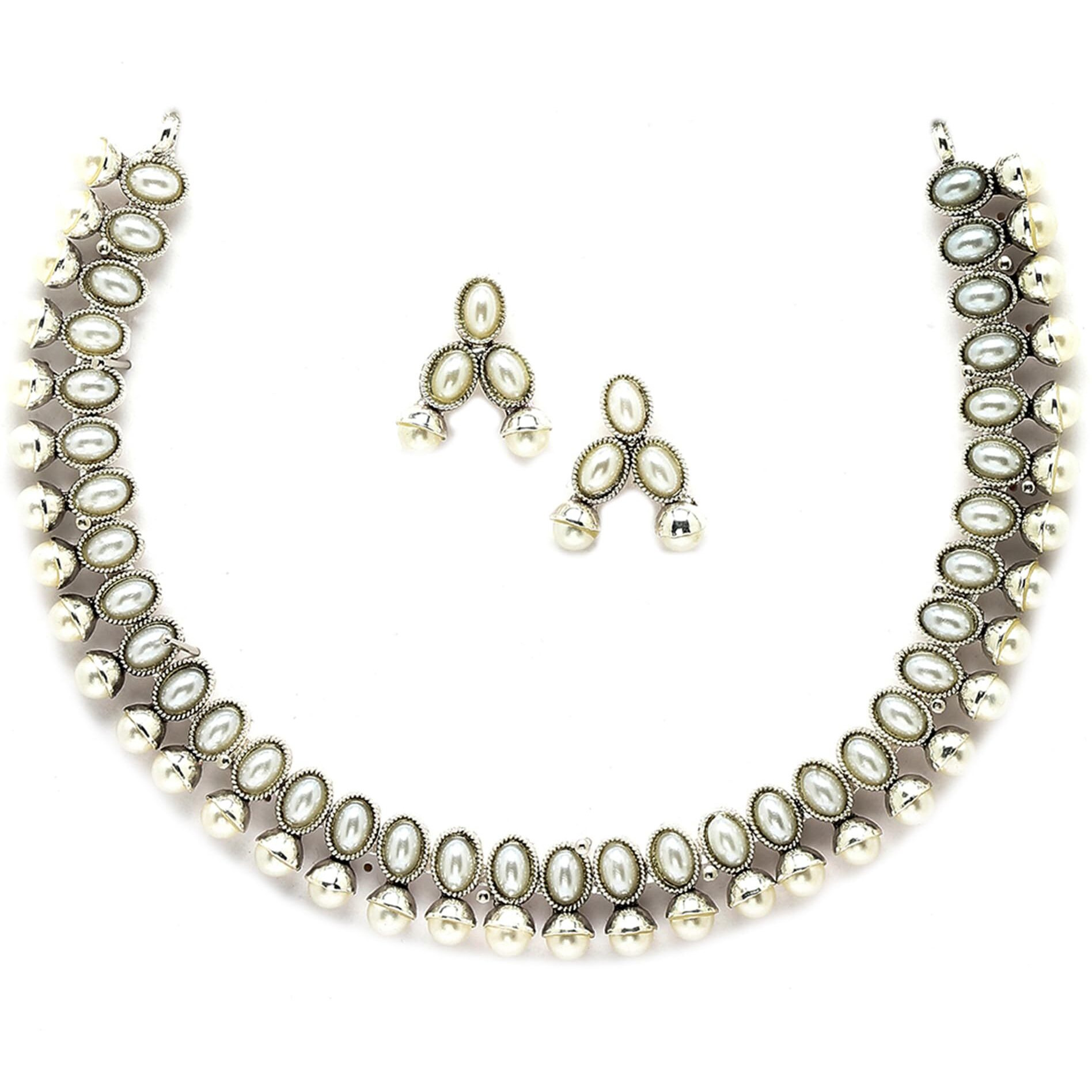 ZENEME Antique Oxidised Silver Plated Traditional Temple Coin Red American Diamond Studded Necklace With Earrings Jewellery For Women & Girls (White)