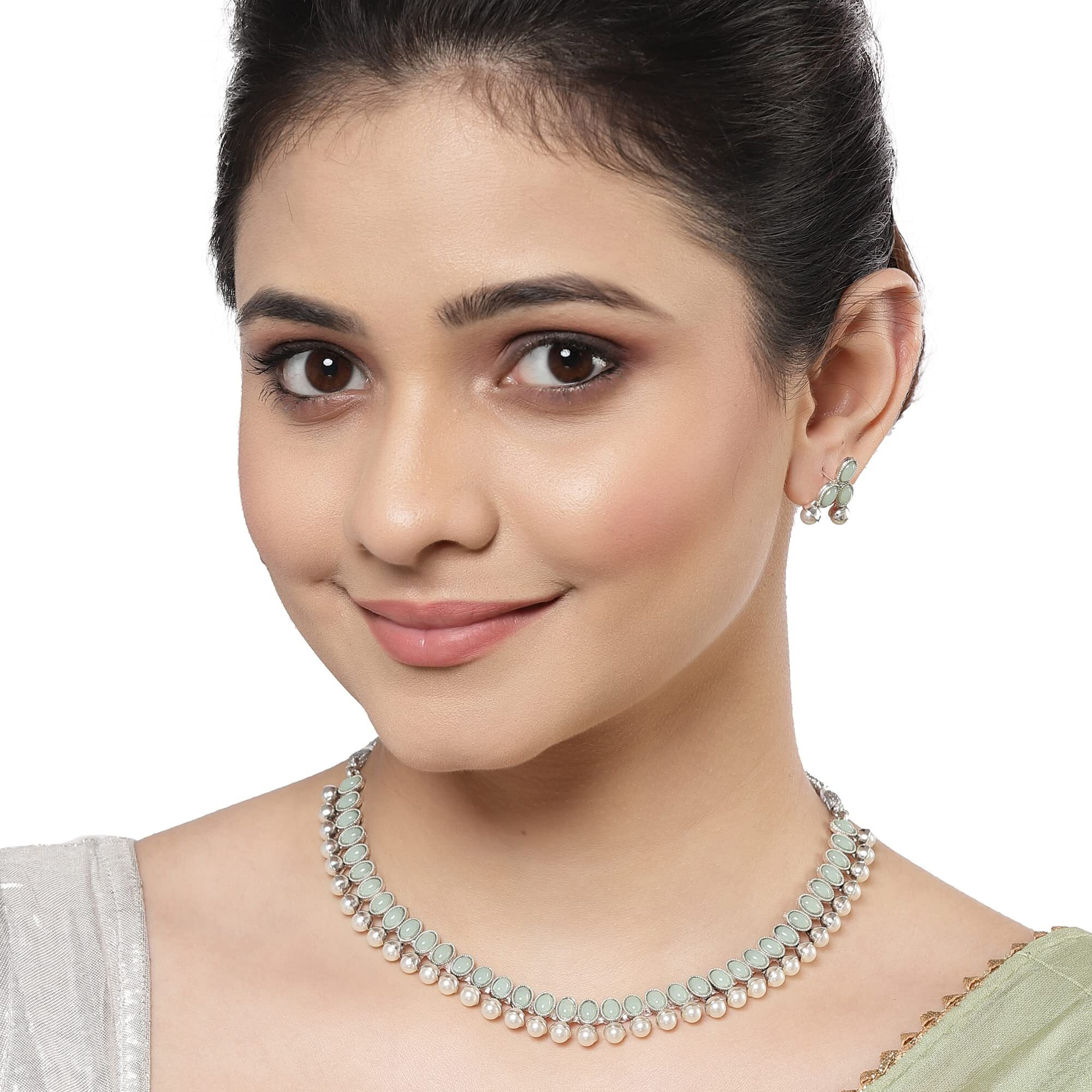 ZENEME Antique Oxidised Silver Plated Traditional Temple Coin Red American Diamond Studded Necklace With Earrings Jewellery For Women & Girls (Sea Green)