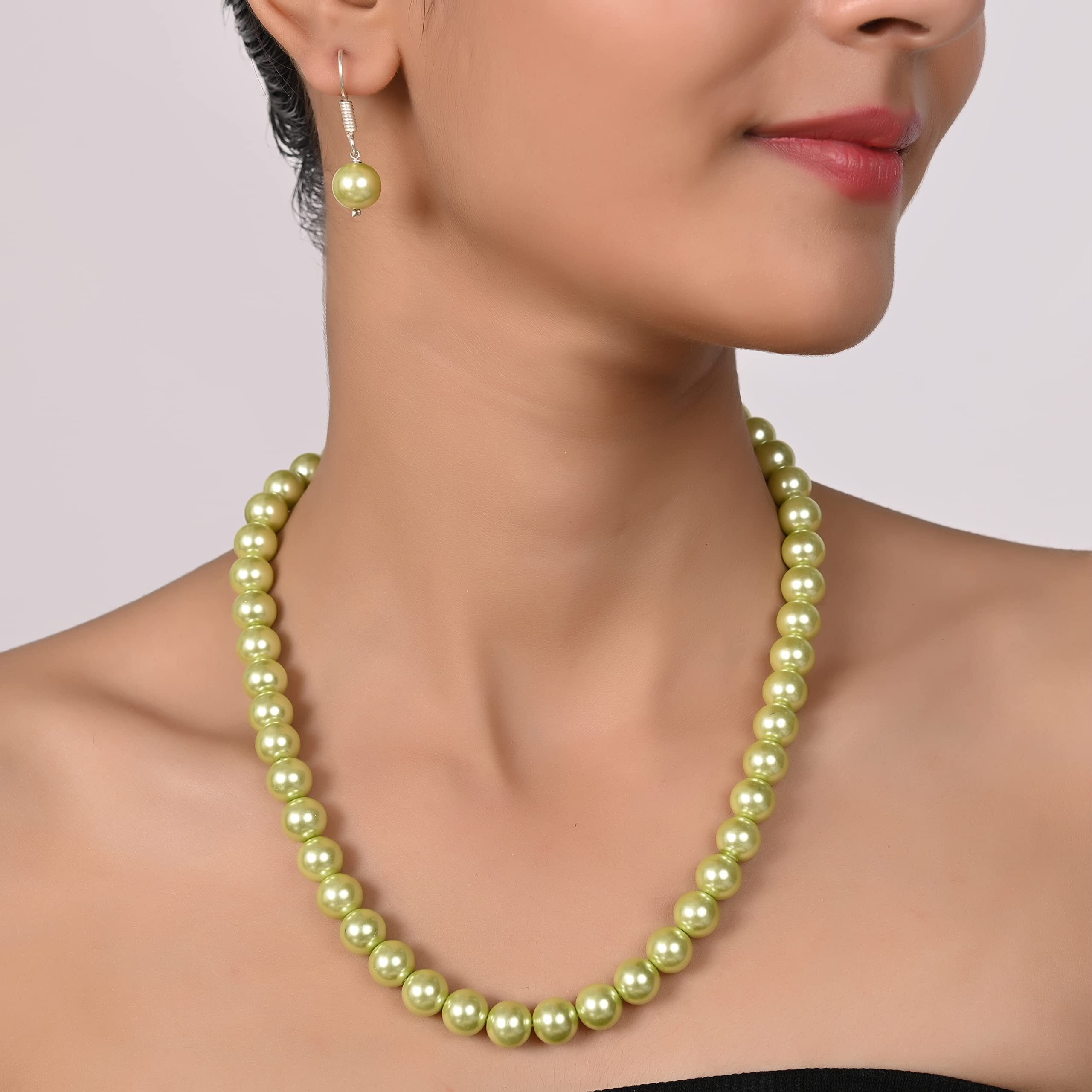 Ratnavali Jewels Imitation Pearl 10MM Bead Size Strand Necklace Pearl Moti Mala Jewellery Set with Earrings for Women Girls