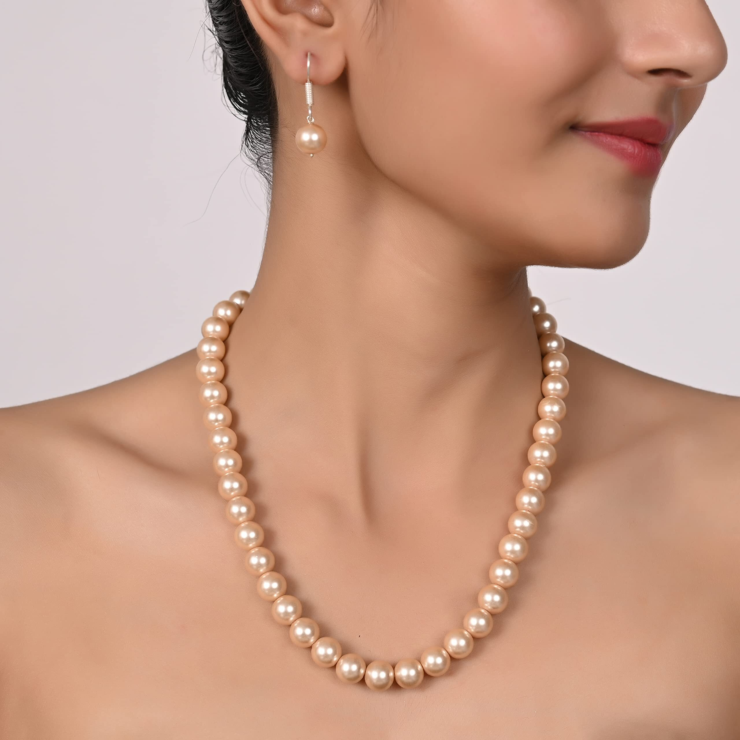 Ratnavali Jewels Imitation Pearl 10MM Bead Size Strand Necklace Pearl Moti Mala Jewellery Set with Earrings for Women Girls