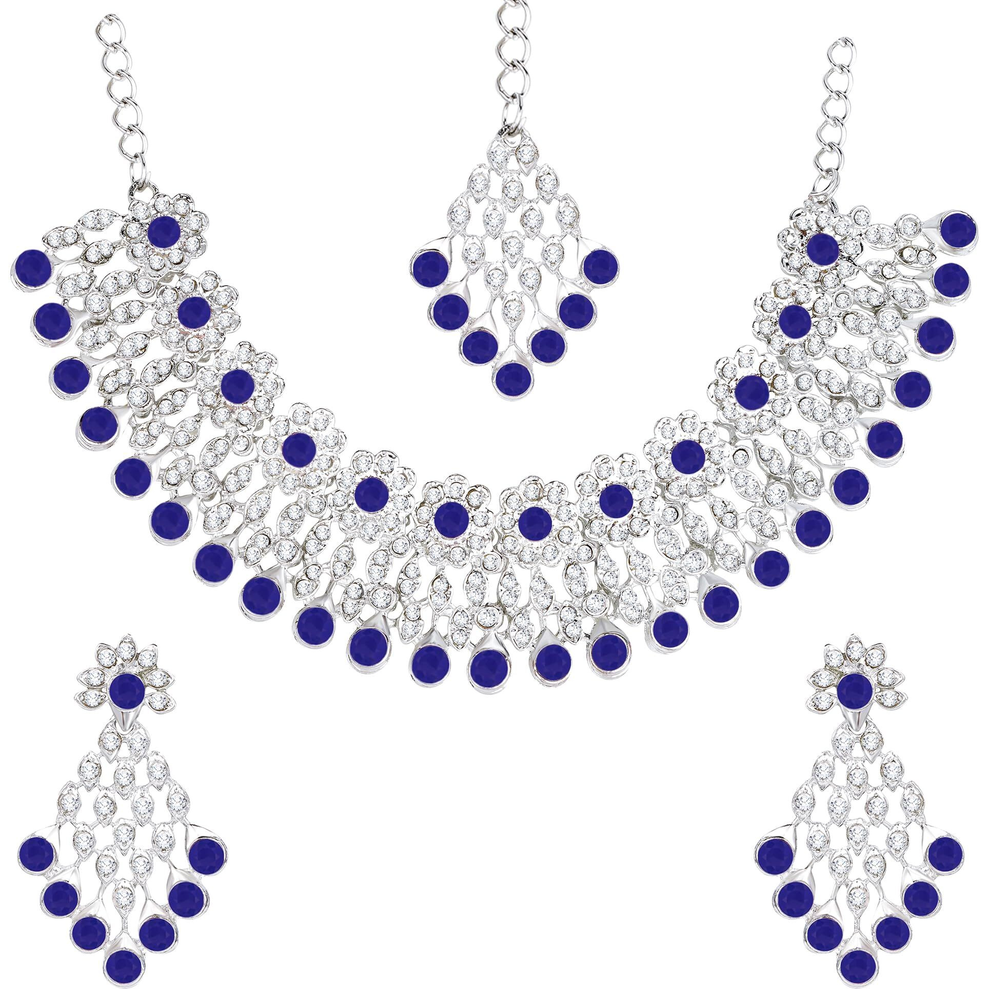 Atasi International Silver Plated Royal Blue Crystals Ad Diamond Necklace Set With Earrings And Maang Tikka, Suitable For Bridal, Wedding, Party (Rb5379, Womens)