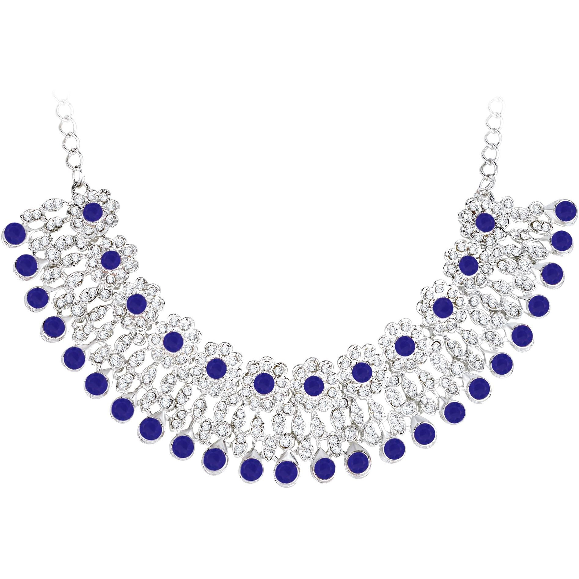 Atasi International Silver Plated Royal Blue Crystals Ad Diamond Necklace Set With Earrings And Maang Tikka, Suitable For Bridal, Wedding, Party (Rb5379, Womens)