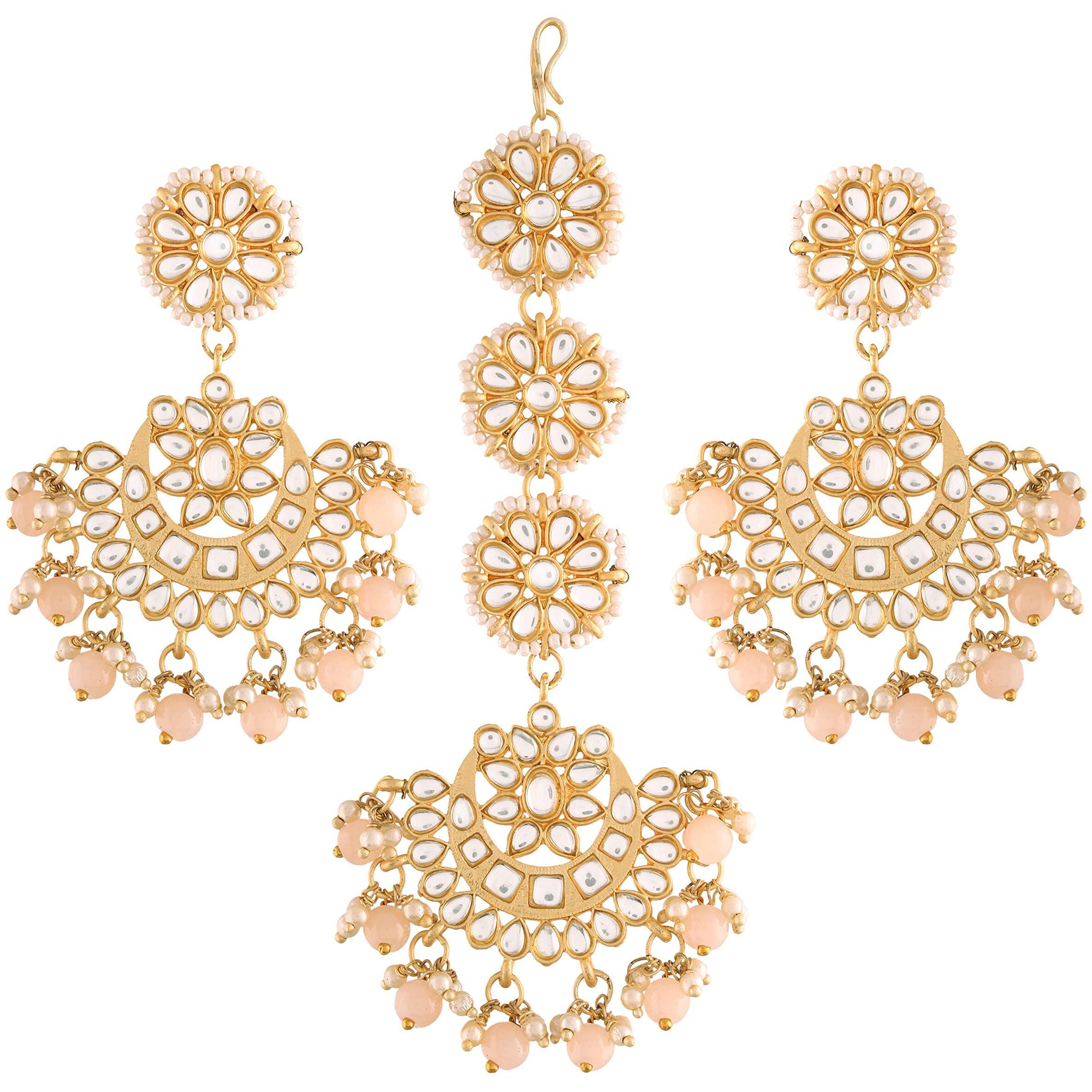 I Jewels Gold Plated With Stunning Matte Finish Traditional Kundan & Faux Pearl Chandbali Earrings With Maang Tikka Set (Te2911Pe, Womens)