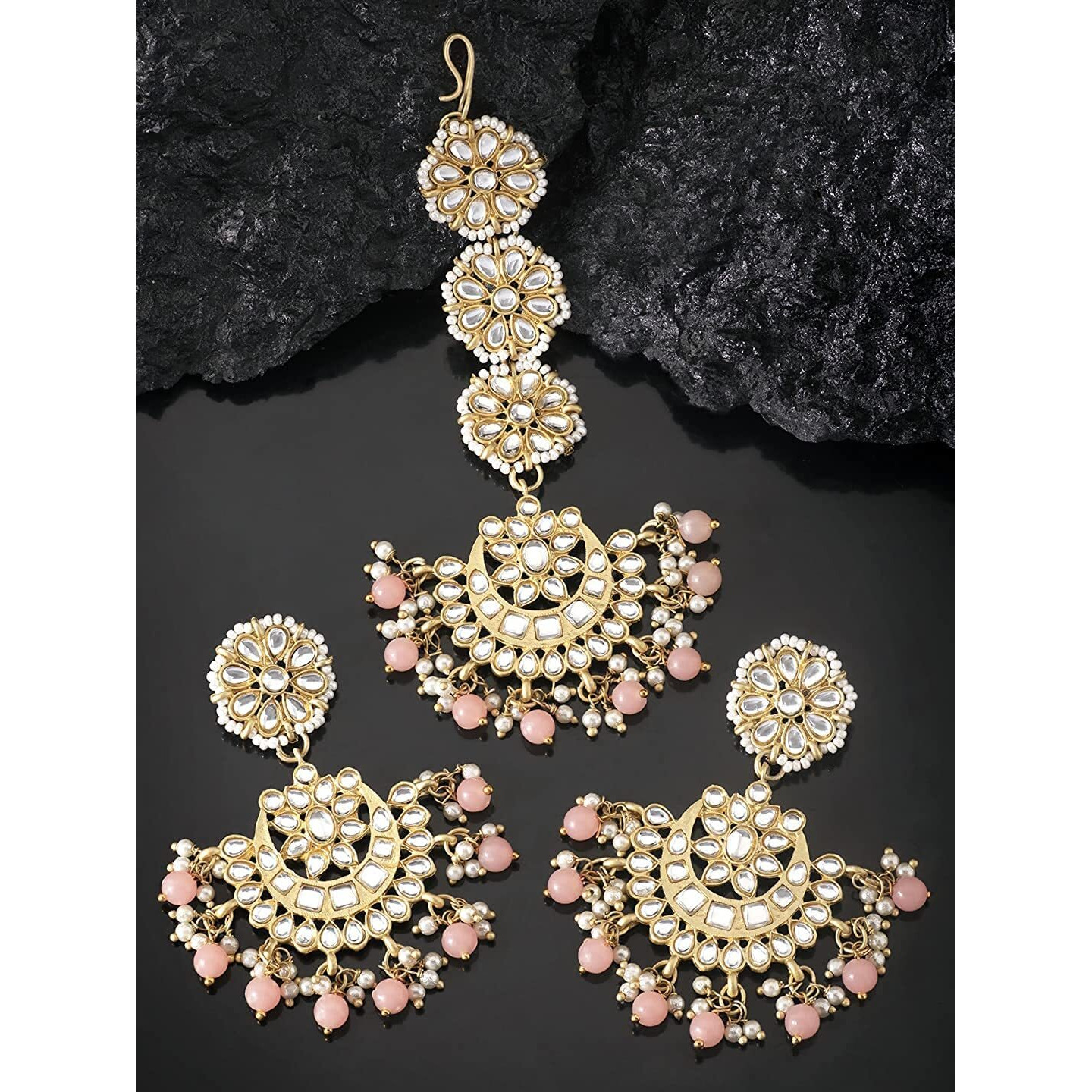 I Jewels Gold Plated With Stunning Matte Finish Traditional Kundan & Faux Pearl Chandbali Earrings With Maang Tikka Set (Te2911Pe, Womens)