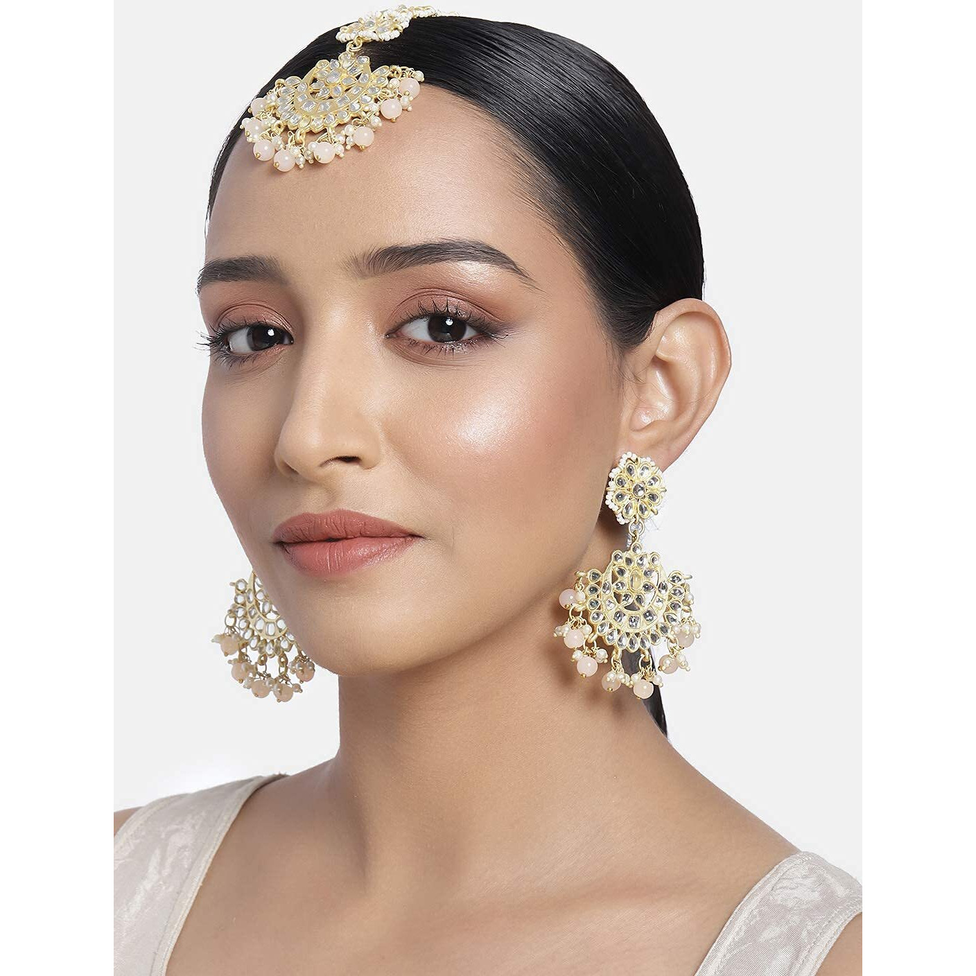 I Jewels Gold Plated With Stunning Matte Finish Traditional Kundan & Faux Pearl Chandbali Earrings With Maang Tikka Set (Te2911Pe, Womens)