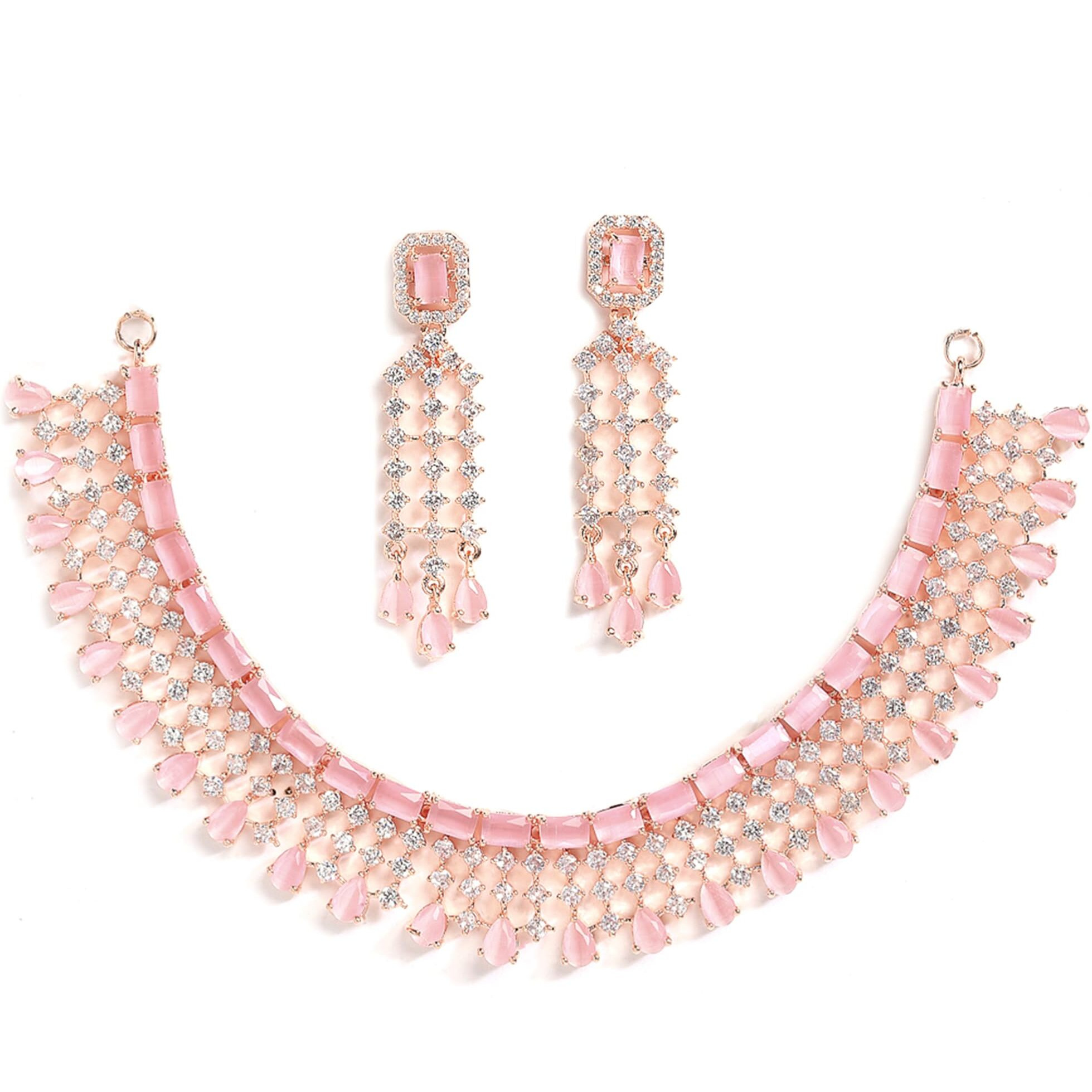 ZENEME Jewellery American Diamond Floral Design Choker Necklace Set With Earring For Women and Girls (Pink RoseGold)