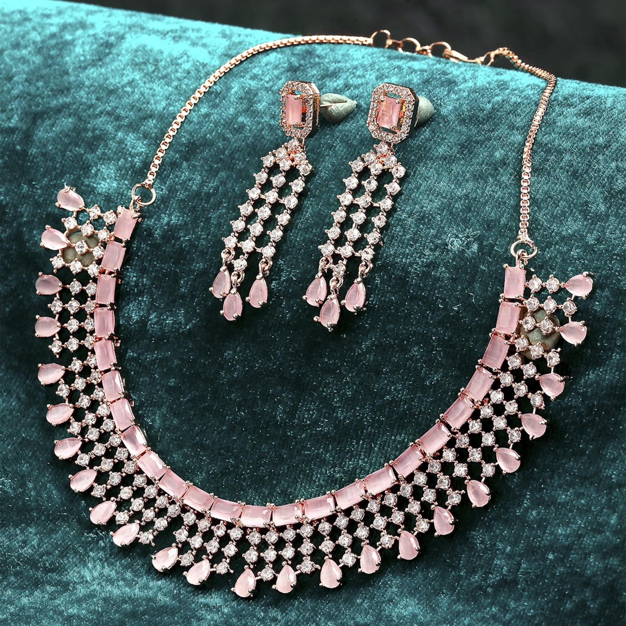 ZENEME Jewellery American Diamond Floral Design Choker Necklace Set With Earring For Women and Girls (Pink RoseGold)