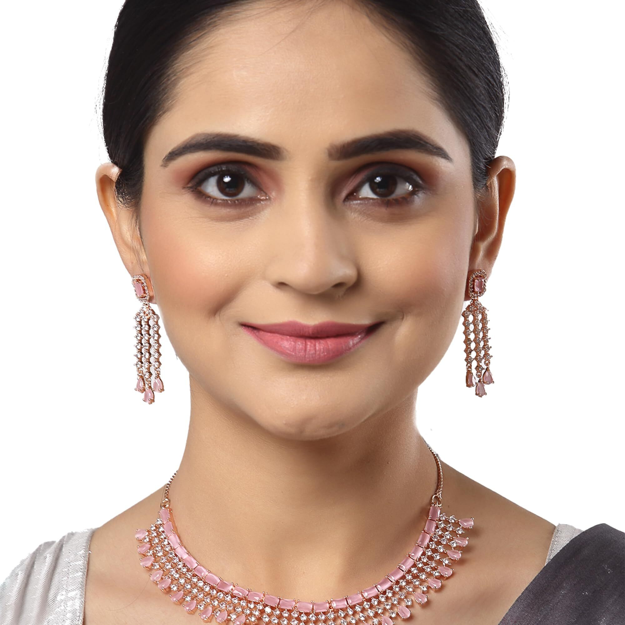 ZENEME Jewellery American Diamond Floral Design Choker Necklace Set With Earring For Women and Girls (Pink RoseGold)