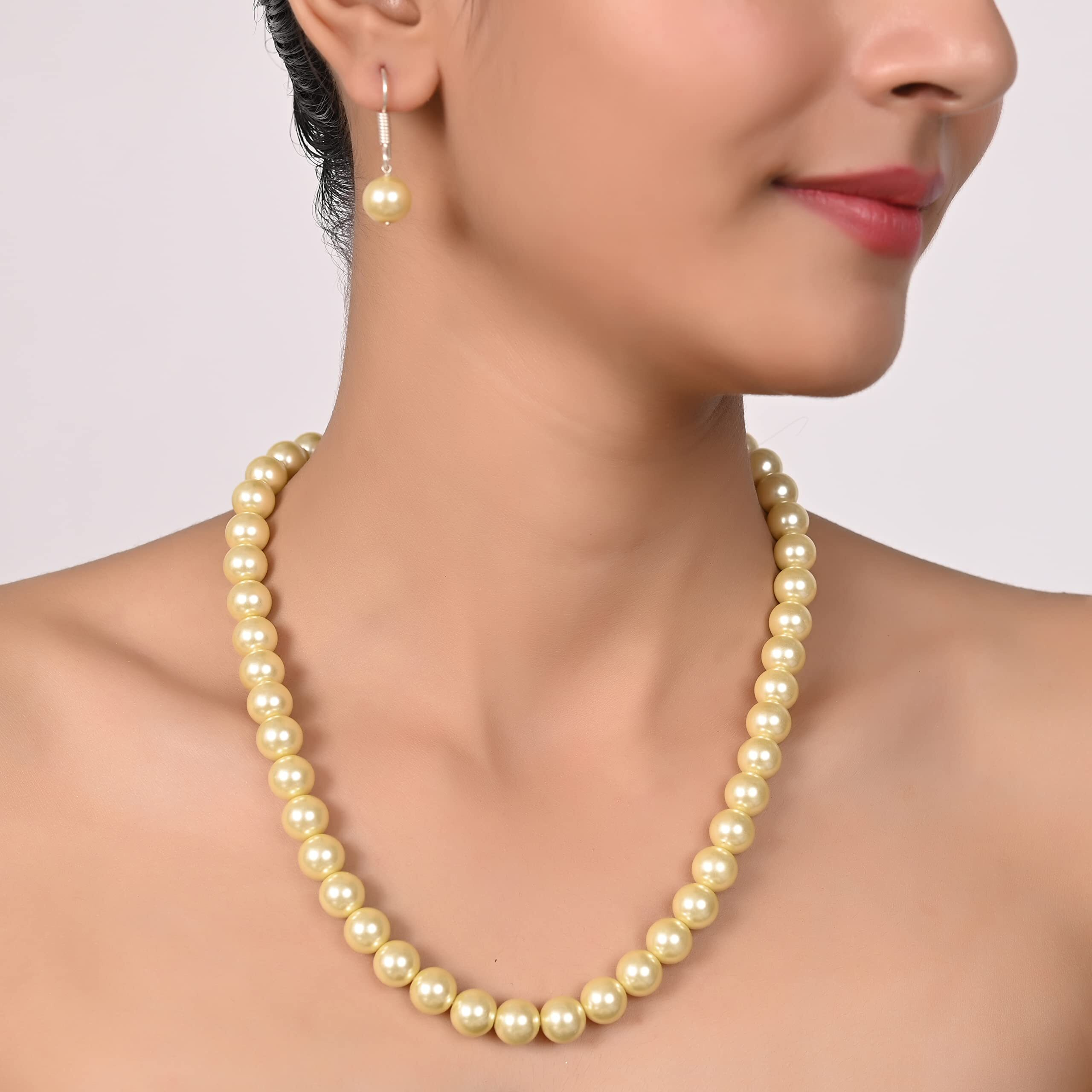 Ratnavali Jewels Imitation Pearl 10MM Bead Size Strand Necklace Pearl Moti Mala Jewellery Set with Earrings for Women Girls