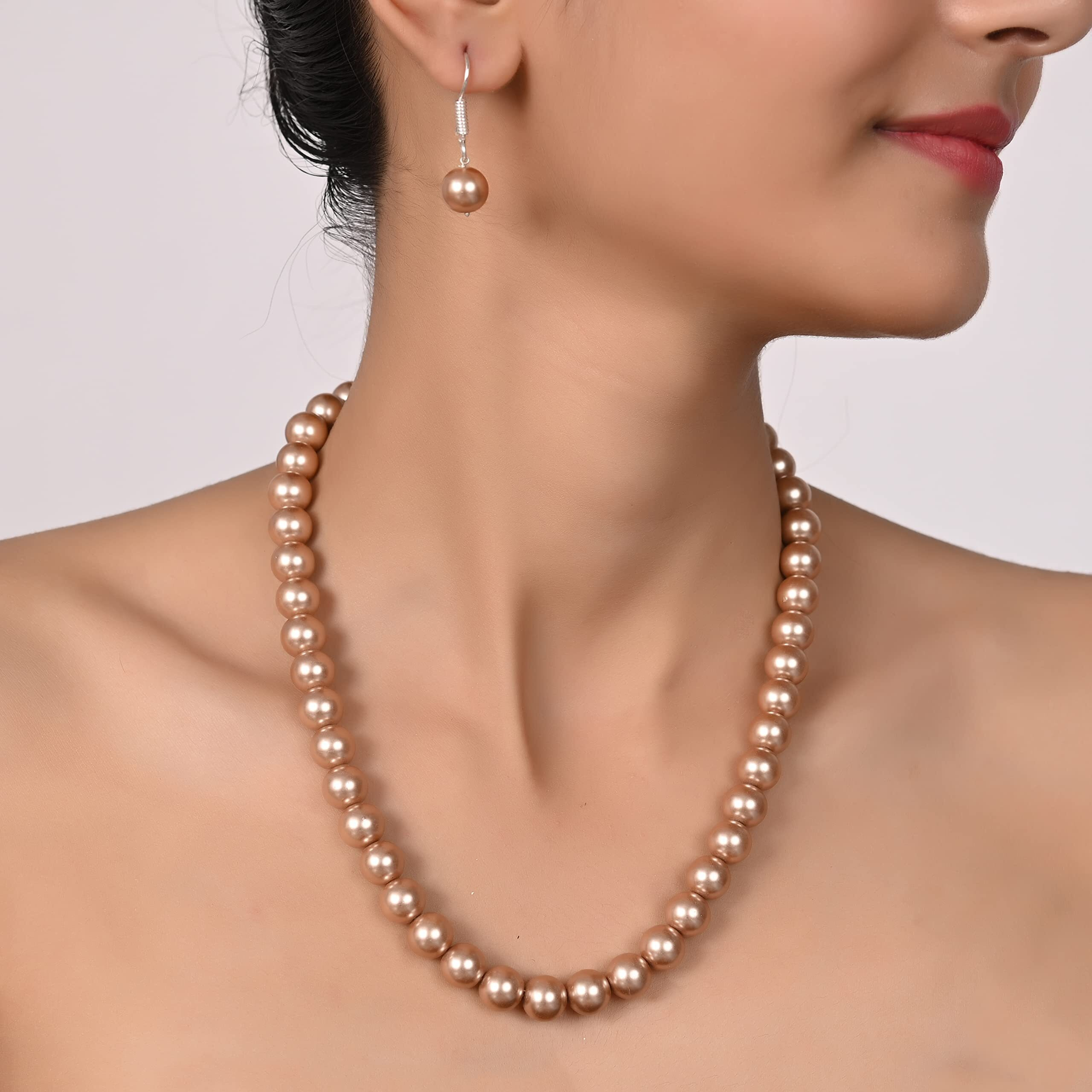 Ratnavali Jewels Imitation Pearl 10MM Bead Size Strand Necklace Pearl Moti Mala Jewellery Set with Earrings for Women Girls